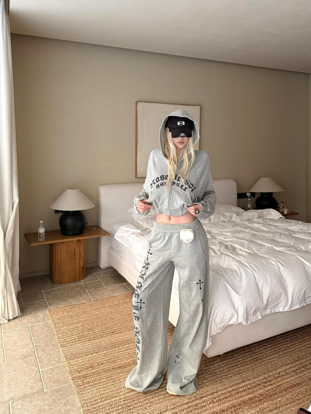 Rase le sol Gray American Cross Oath Graphic Cropped Hooded Wide Leg Women's Tracksuit Sets