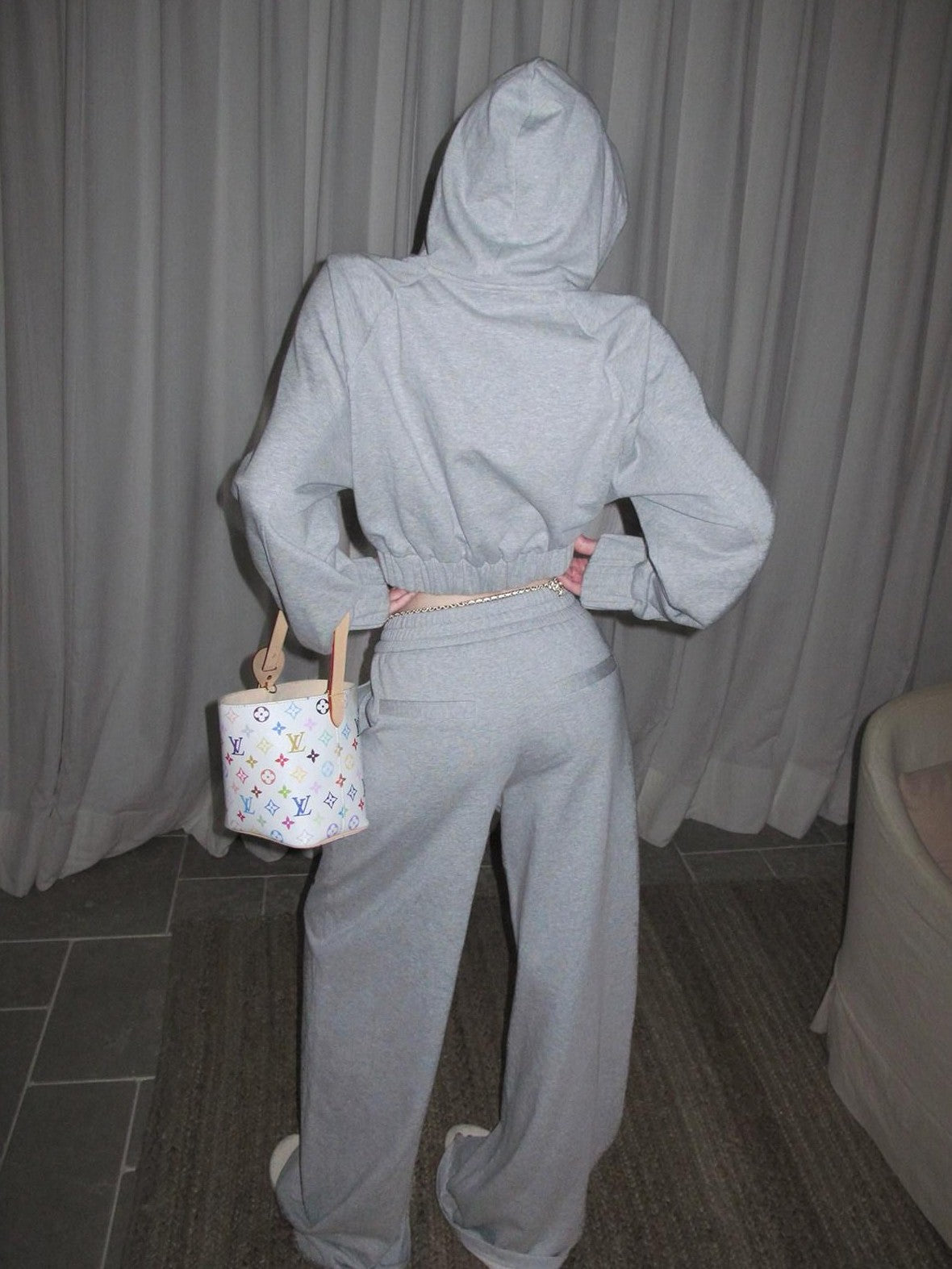 Rase le sol Gray American Cross Oath Graphic Cropped Hooded Wide Leg Women's Tracksuit Sets
