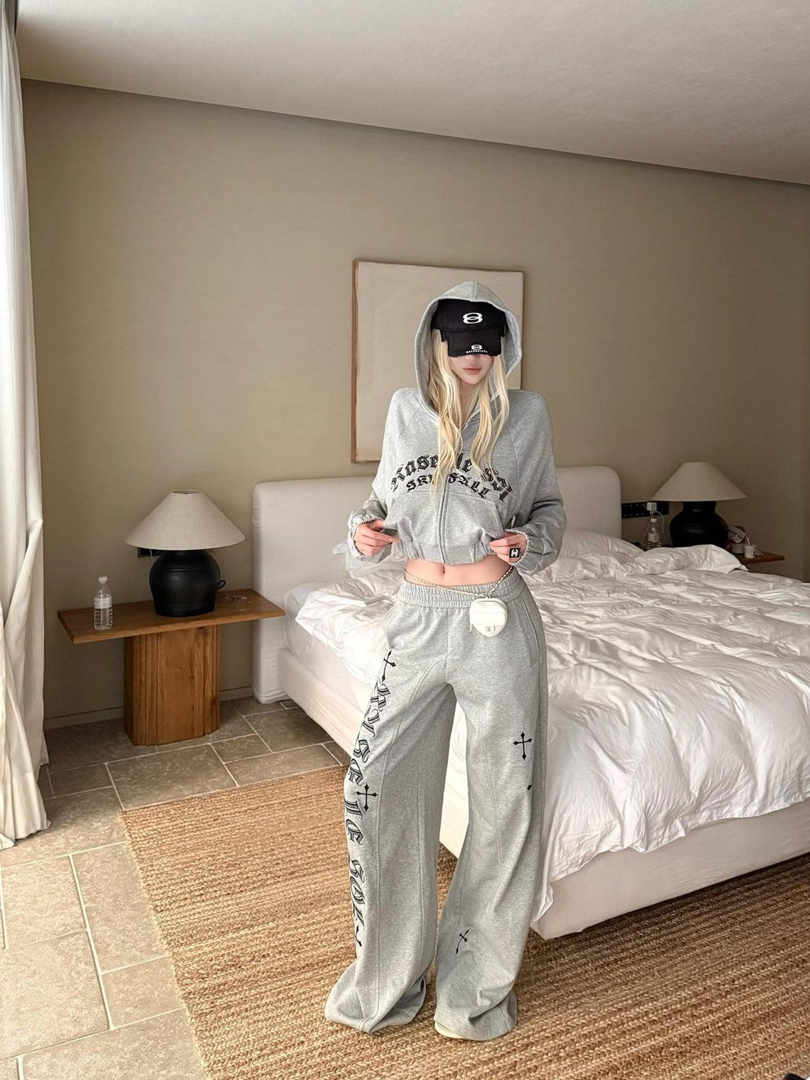 Rase le sol Gray American Cross Oath Graphic Cropped Hooded Wide Leg Women's Tracksuit Sets