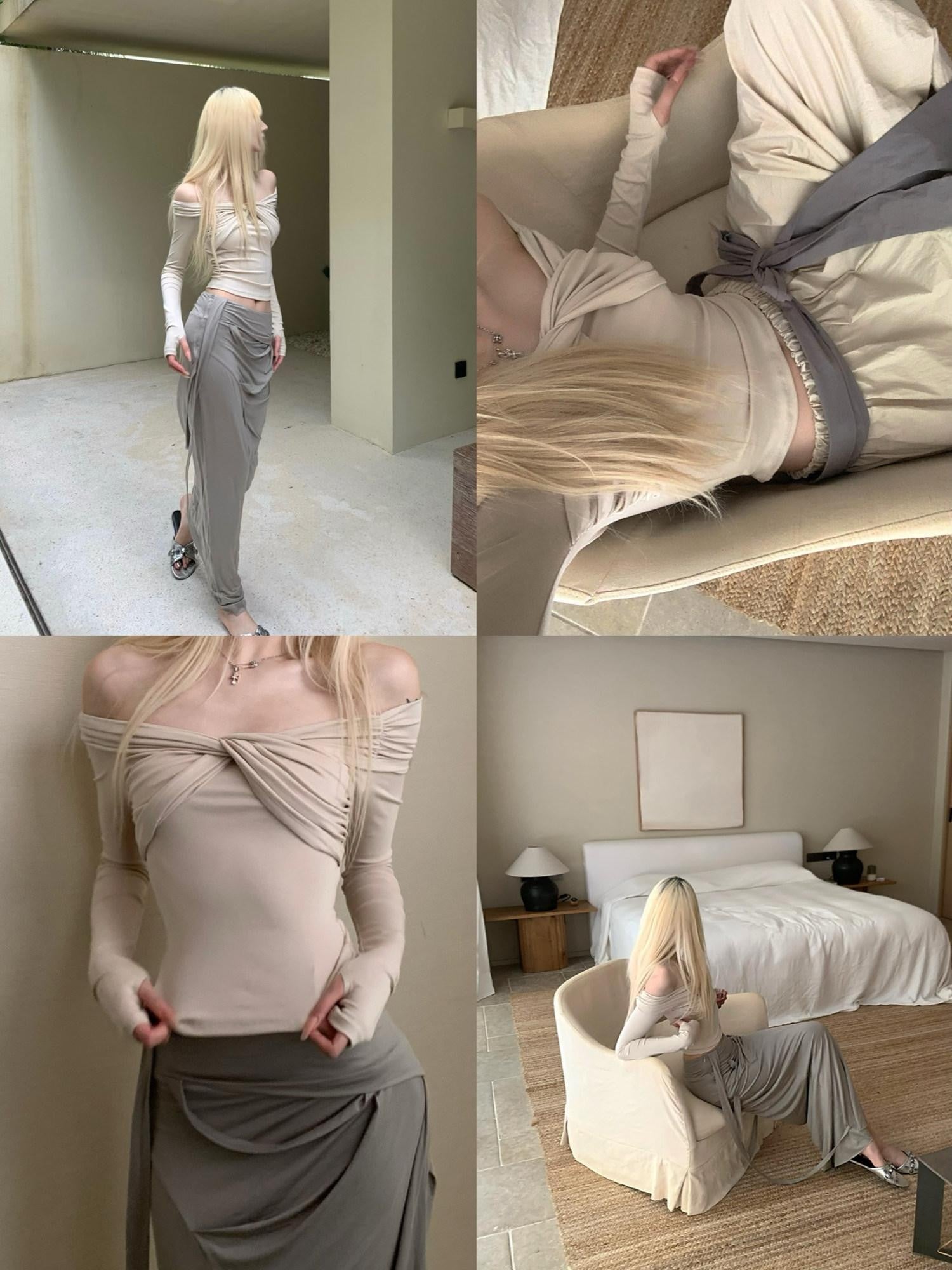 Rase le sol Gray Asymmetrical Hem Longline Fitted Women's Bodycon Skirts