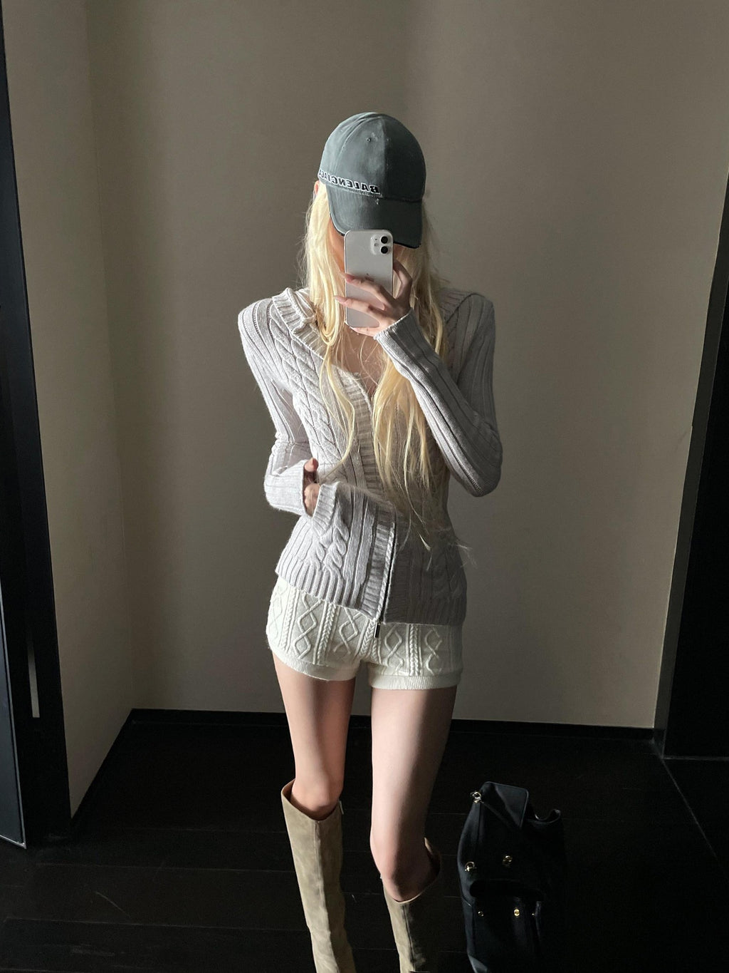 Rase le sol Gray Cable Knit Hooded Slim Fit Women's Knit Open Front Cardigans