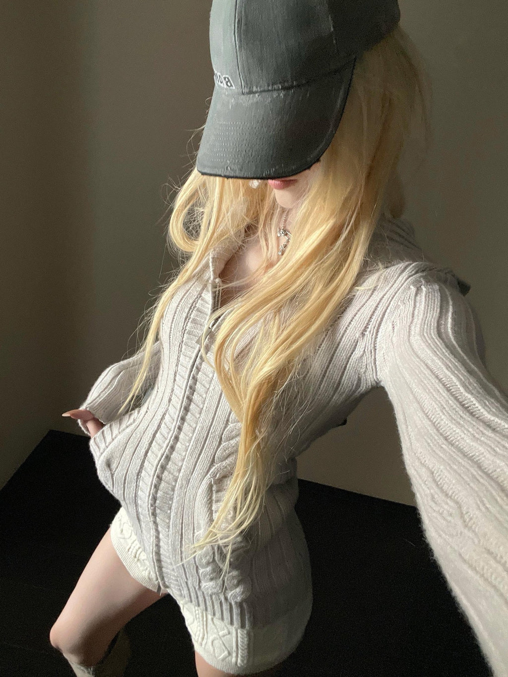 Rase le sol Gray Cable Knit Hooded Slim Fit Women's Knit Open Front Cardigans