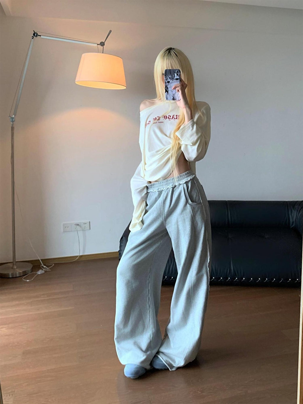 Rase le sol Gray Cuffed Low Waist Relaxed Straight Women's Wide-leg Pants