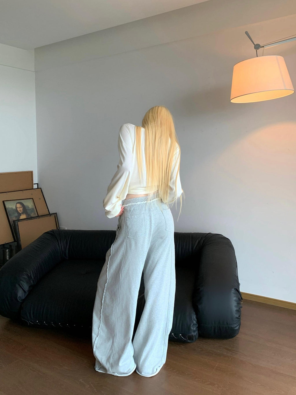 Rase le sol Gray Cuffed Low Waist Relaxed Straight Women's Wide-leg Pants