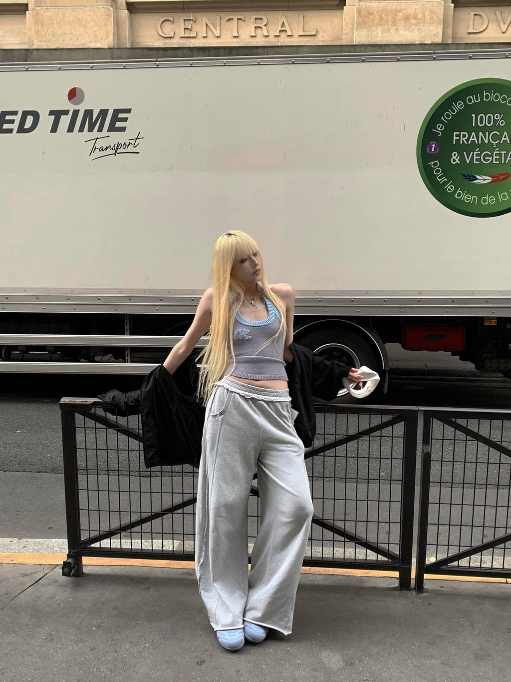 Rase le sol Gray Cuffed Low Waist Relaxed Straight Women's Wide-leg Pants