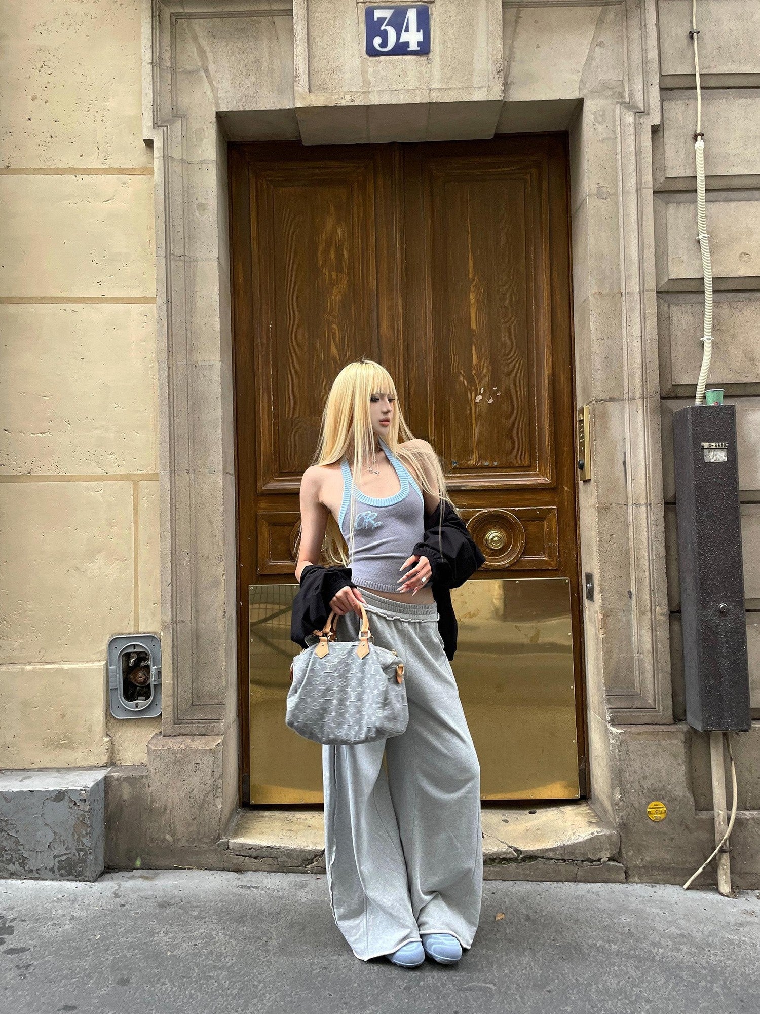 Rase le sol Gray Cuffed Low Waist Relaxed Straight Women's Wide-leg Pants