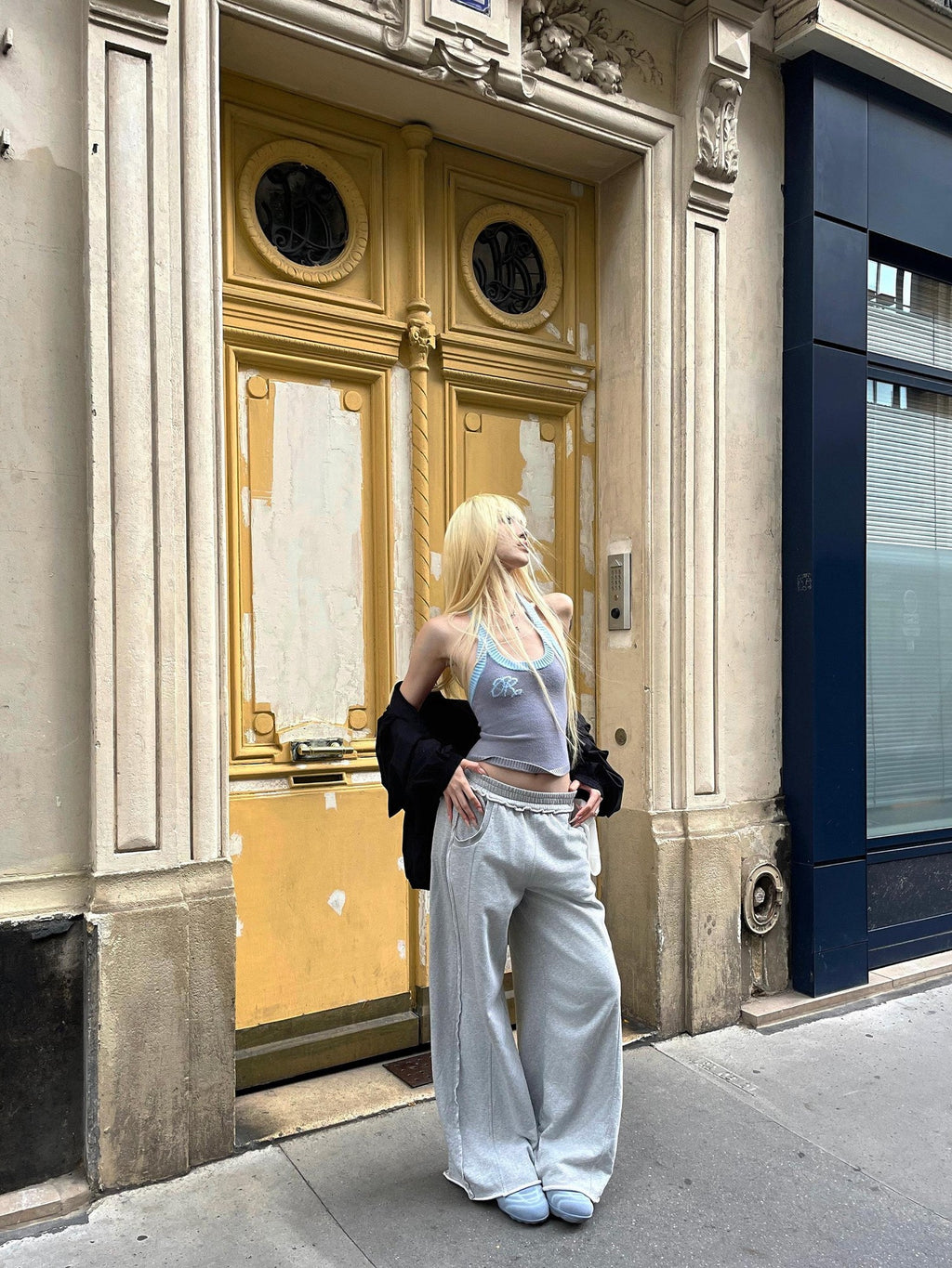 Rase le sol Gray Cuffed Low Waist Relaxed Straight Women's Wide-leg Pants