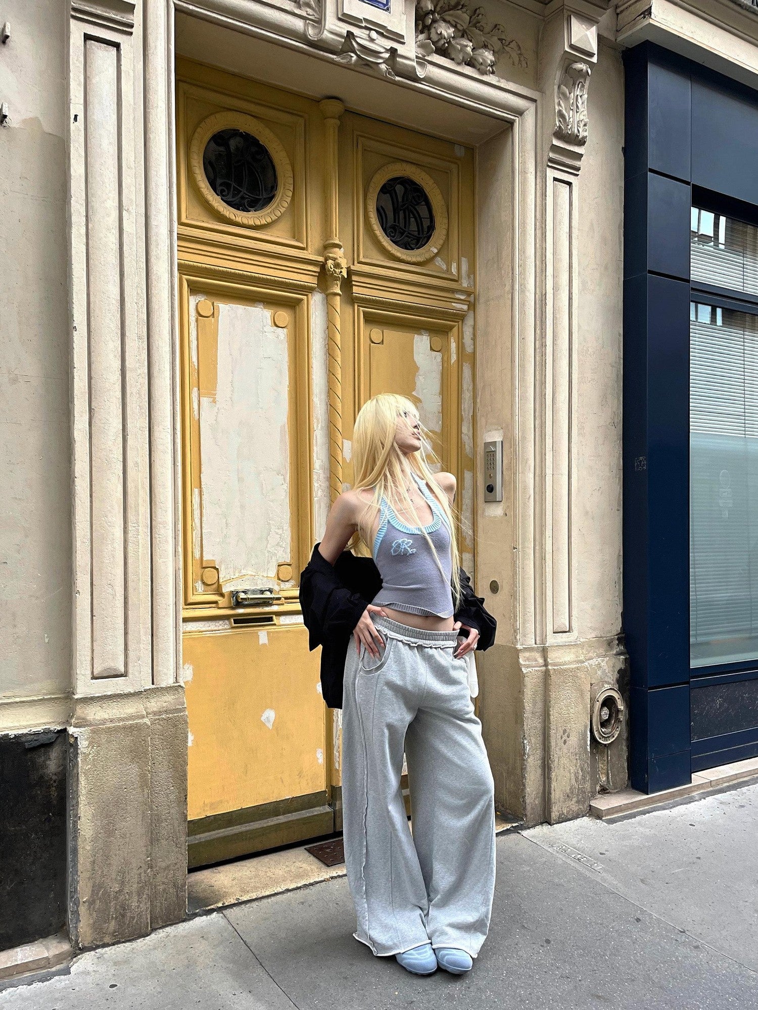 Rase le sol Gray Cuffed Low Waist Relaxed Straight Women's Wide-leg Pants