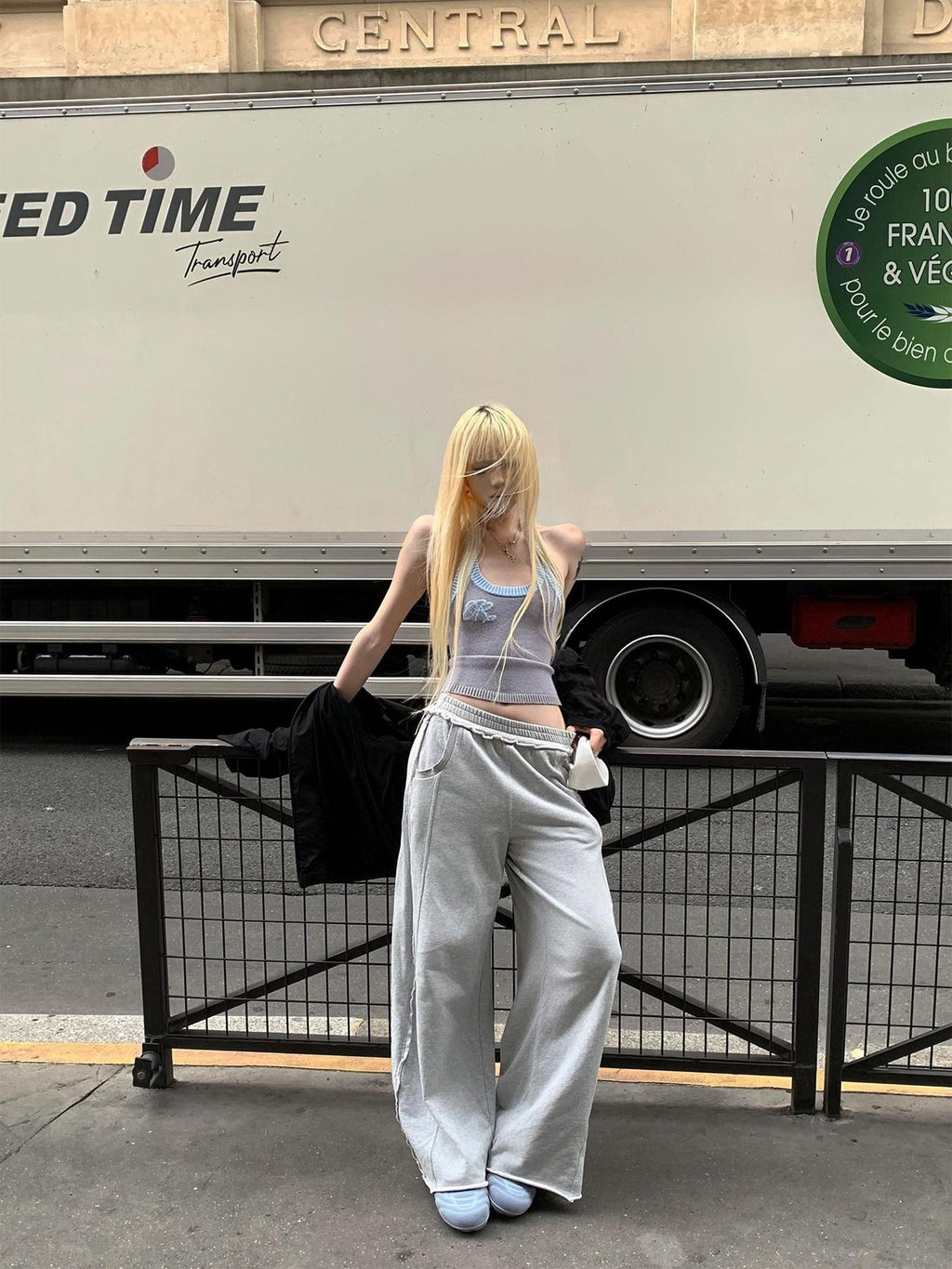 Rase le sol Gray Cuffed Low Waist Relaxed Straight Women's Wide-leg Pants