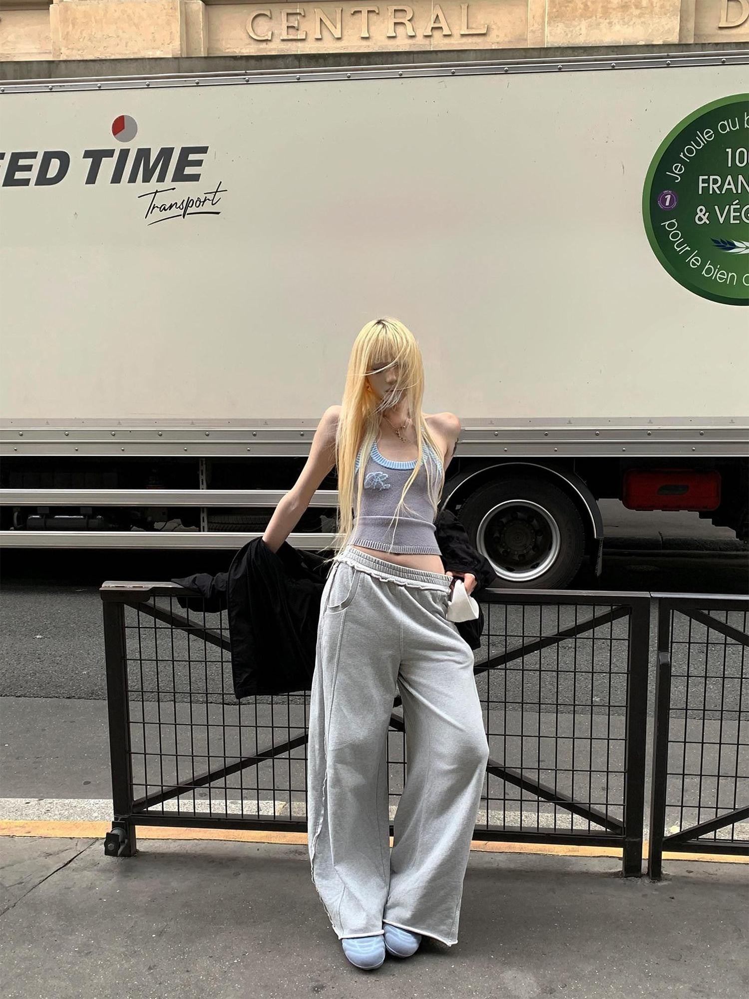 Rase le sol Gray Cuffed Low Waist Relaxed Straight Women's Wide-leg Pants
