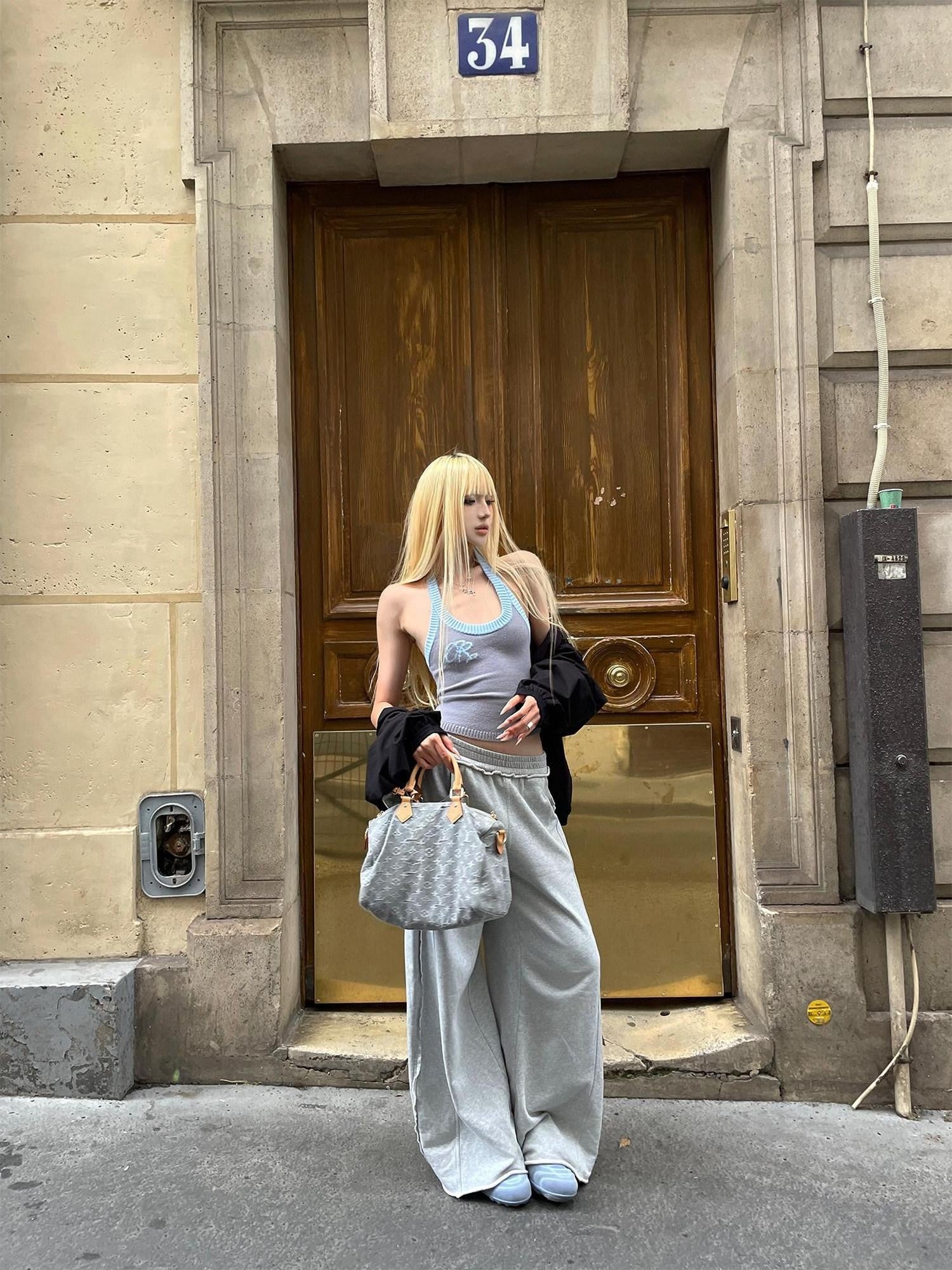 Rase le sol Gray Cuffed Low Waist Relaxed Straight Women's Wide-leg Pants
