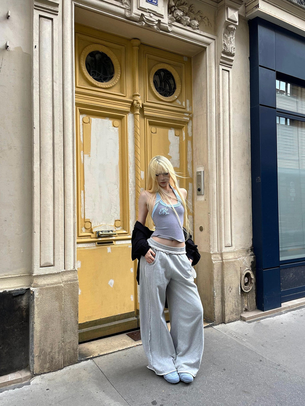 Rase le sol Gray Cuffed Low Waist Relaxed Straight Women's Wide-leg Pants