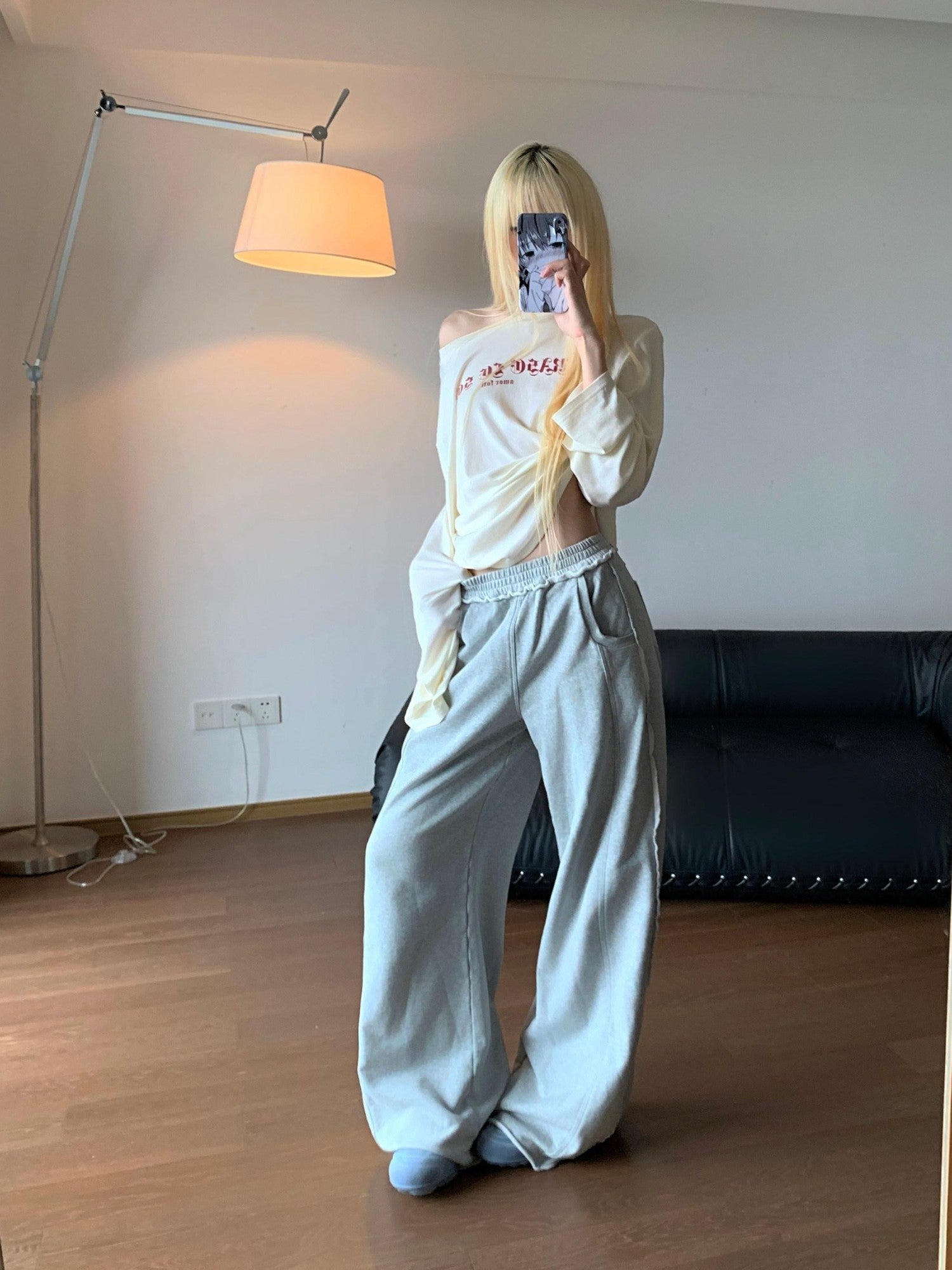 Rase le sol Gray Cuffed Low Waist Relaxed Straight Women's Wide-leg Pants