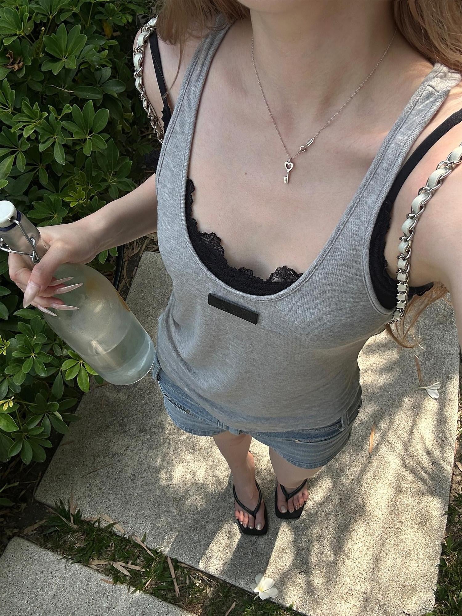 Rase le sol Gray Double Layered Spaghetti Strap Edgy Women's Sheer Lace Camisoles