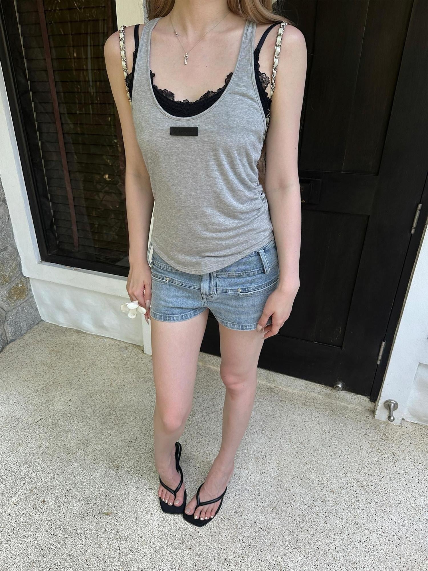 Rase le sol Gray Double Layered Spaghetti Strap Edgy Women's Sheer Lace Camisoles