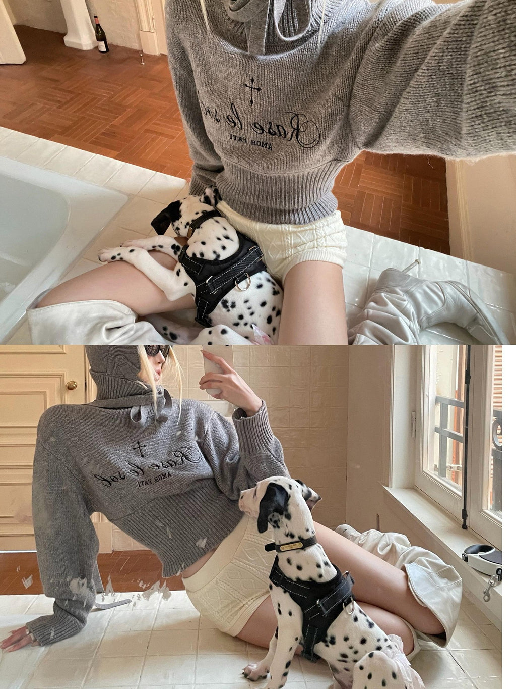 Rase le sol Gray Embroidered Fitted Waist Long Sleeve Women's Knit Turtleneck Sweaters