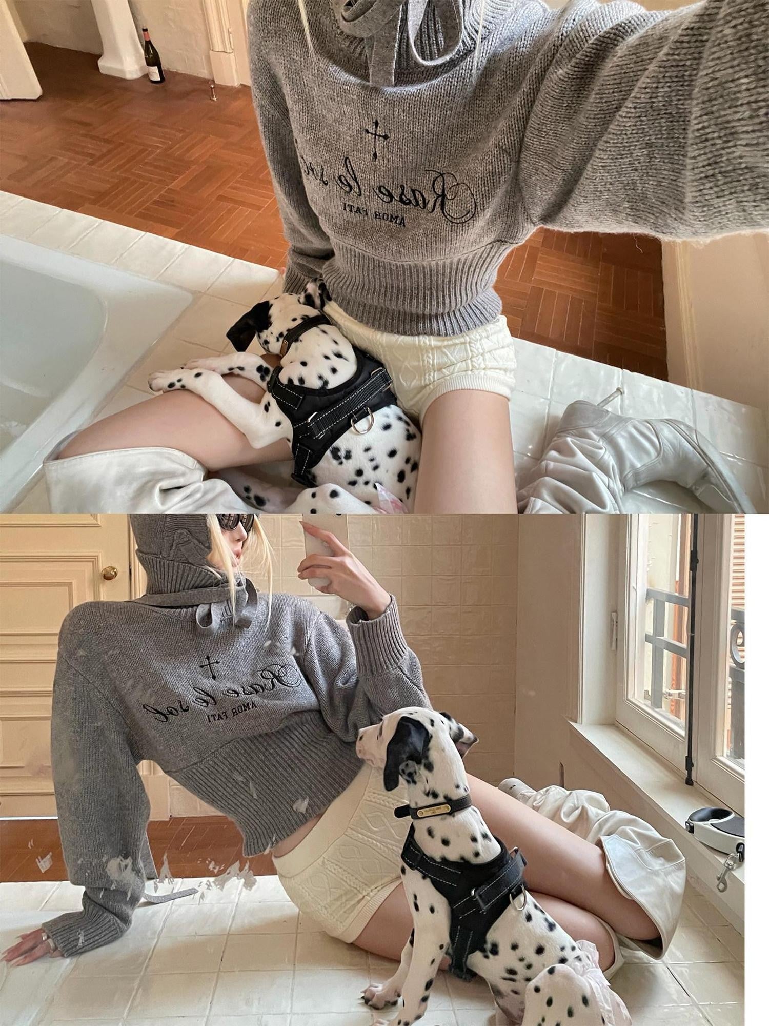 Rase le sol Gray Embroidered Fitted Waist Long Sleeve Women's Knit Turtleneck Sweaters