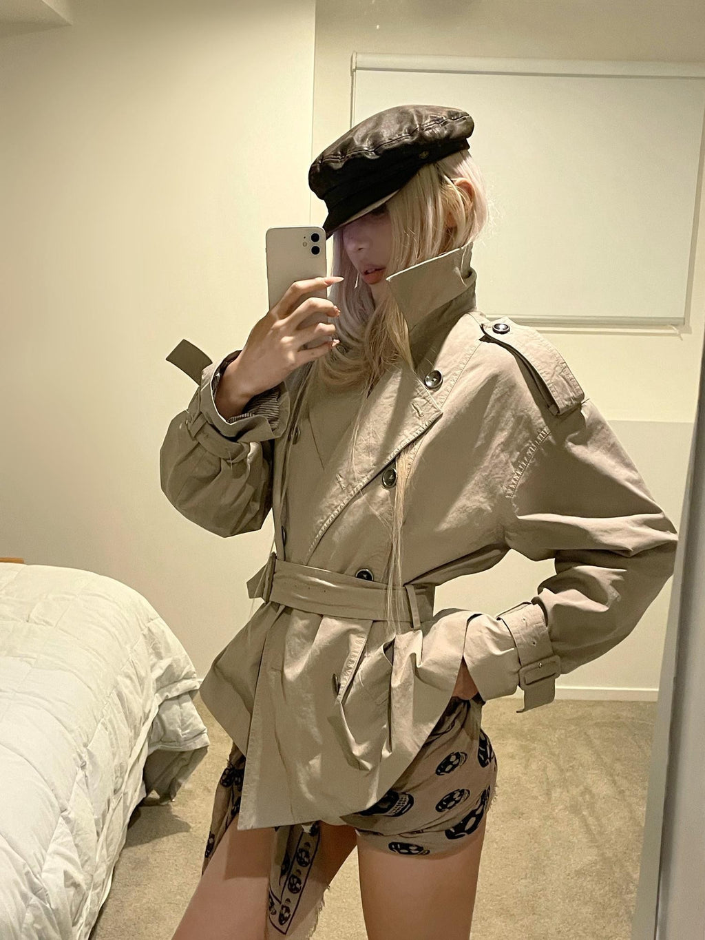 Rase le sol Gray Green Waist Cinch Short Double Breasted Cotton Women's Trench Coats