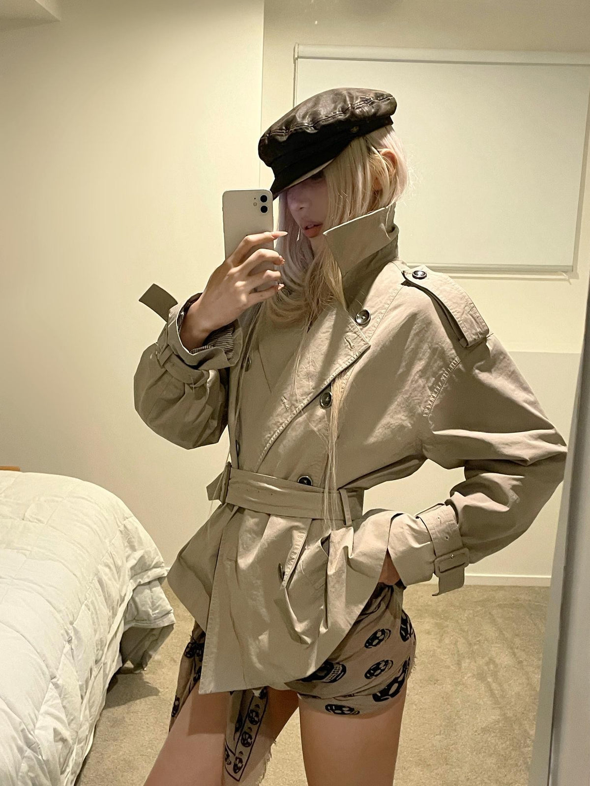 Rase le sol Gray Green Waist Cinch Short Double Breasted Cotton Women's Trench Coats