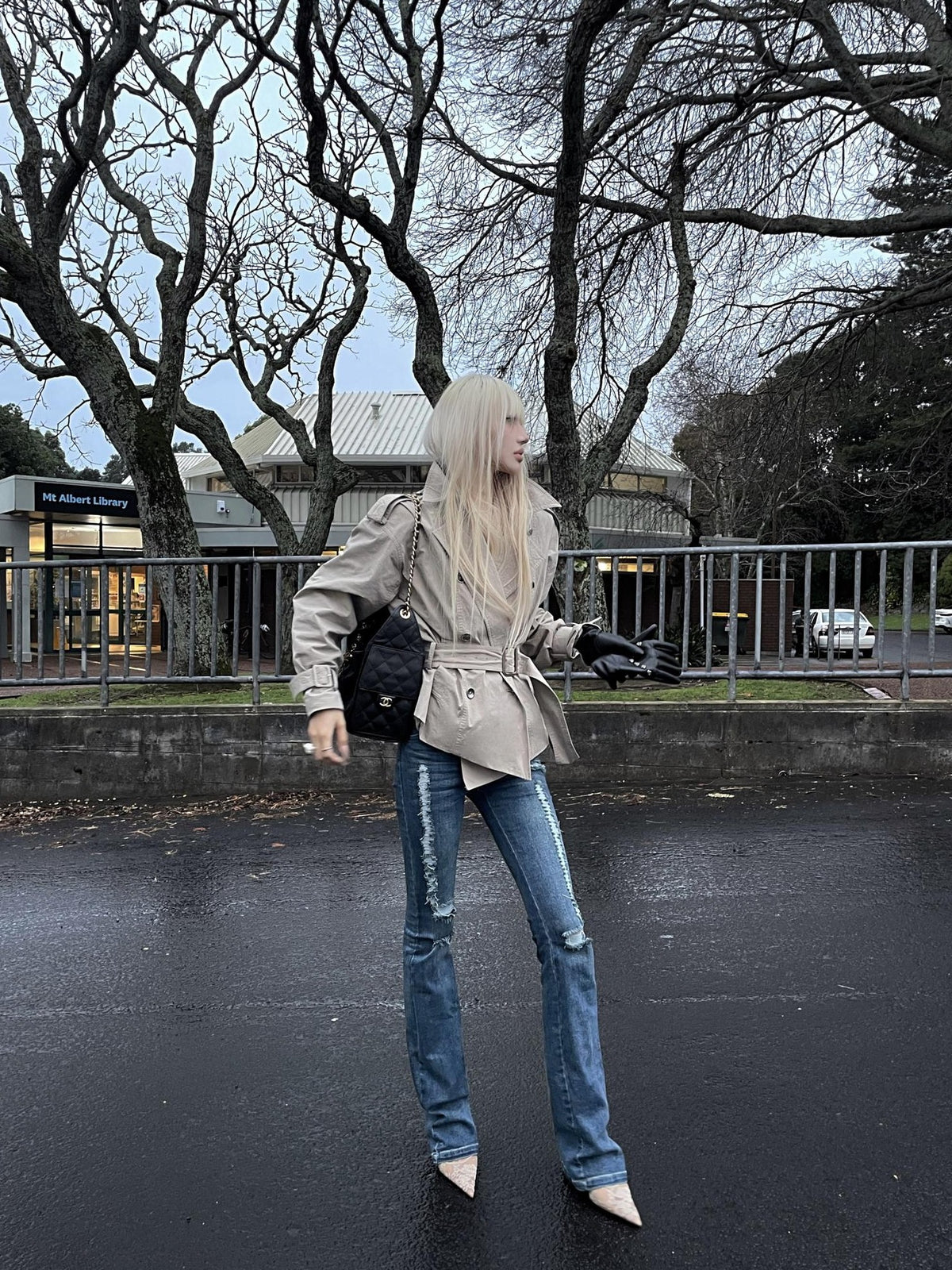 Rase le sol Gray Green Waist Cinch Short Double Breasted Cotton Women's Trench Coats