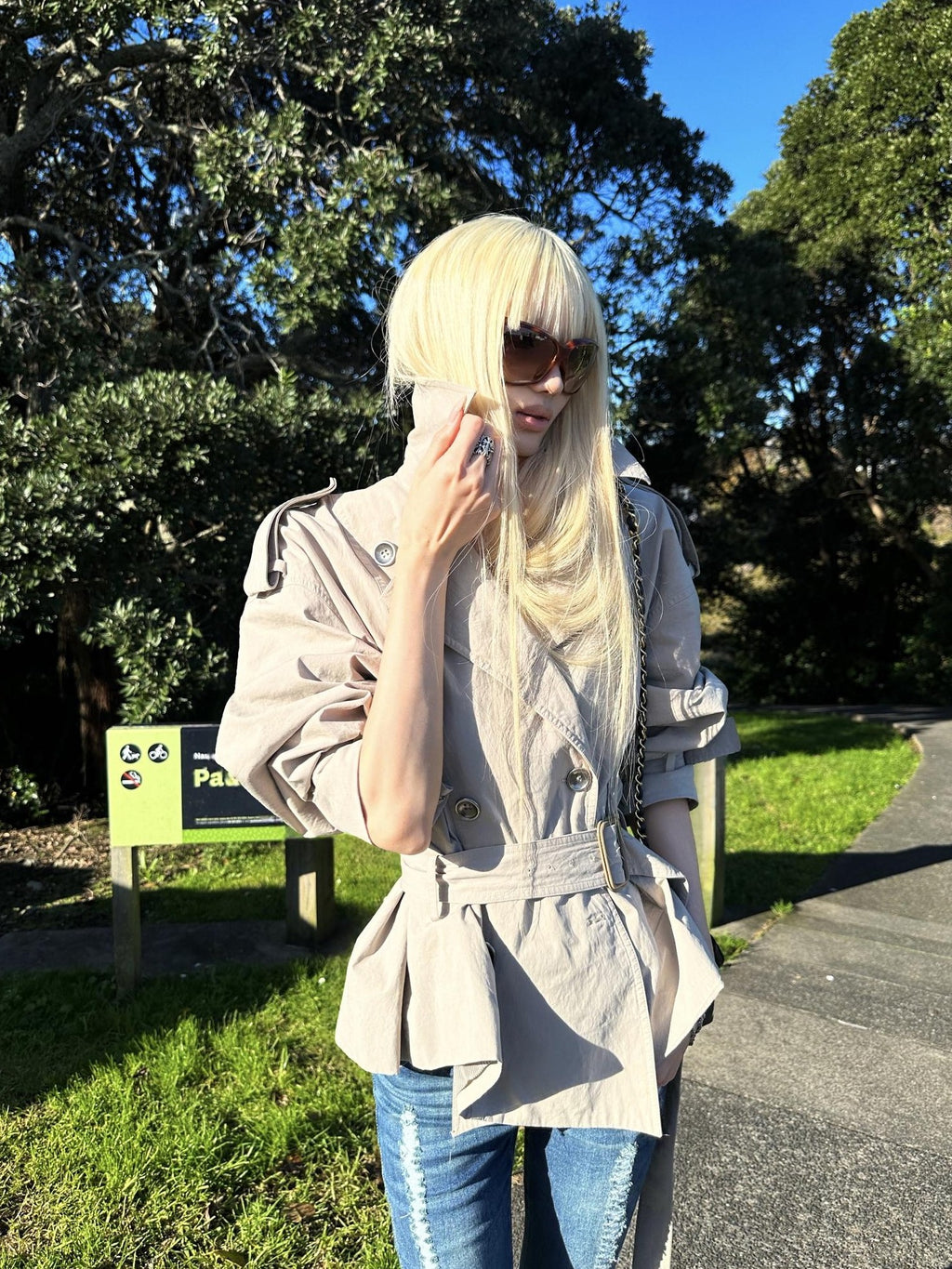 Rase le sol Gray Green Waist Cinch Short Double Breasted Cotton Women's Trench Coats