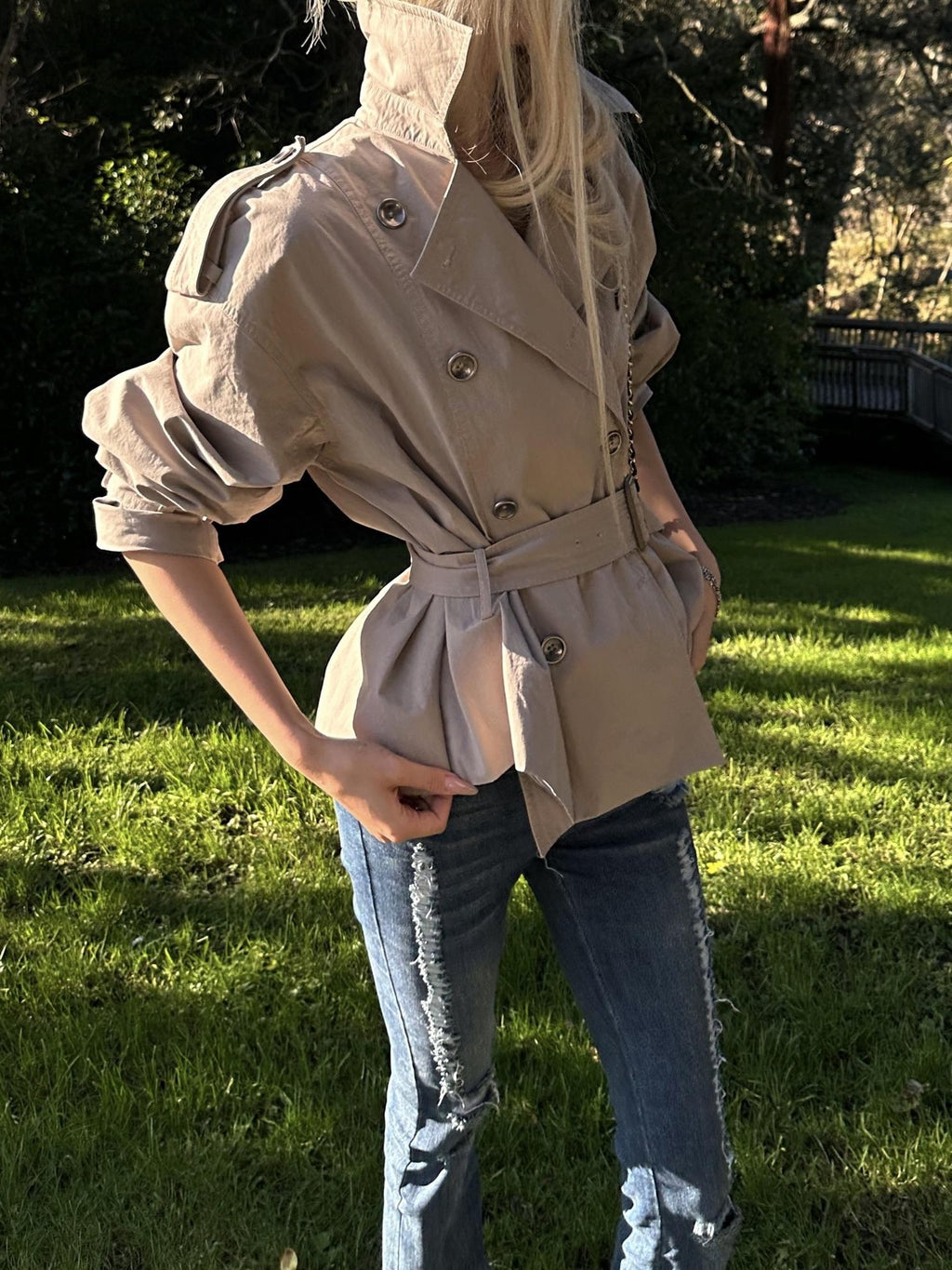Rase le sol Gray Green Waist Cinch Short Double Breasted Cotton Women's Trench Coats
