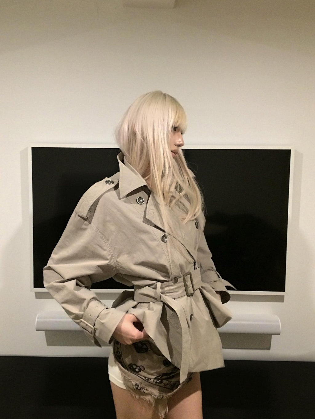 Rase le sol Gray Green Waist Cinch Short Double Breasted Cotton Women's Trench Coats