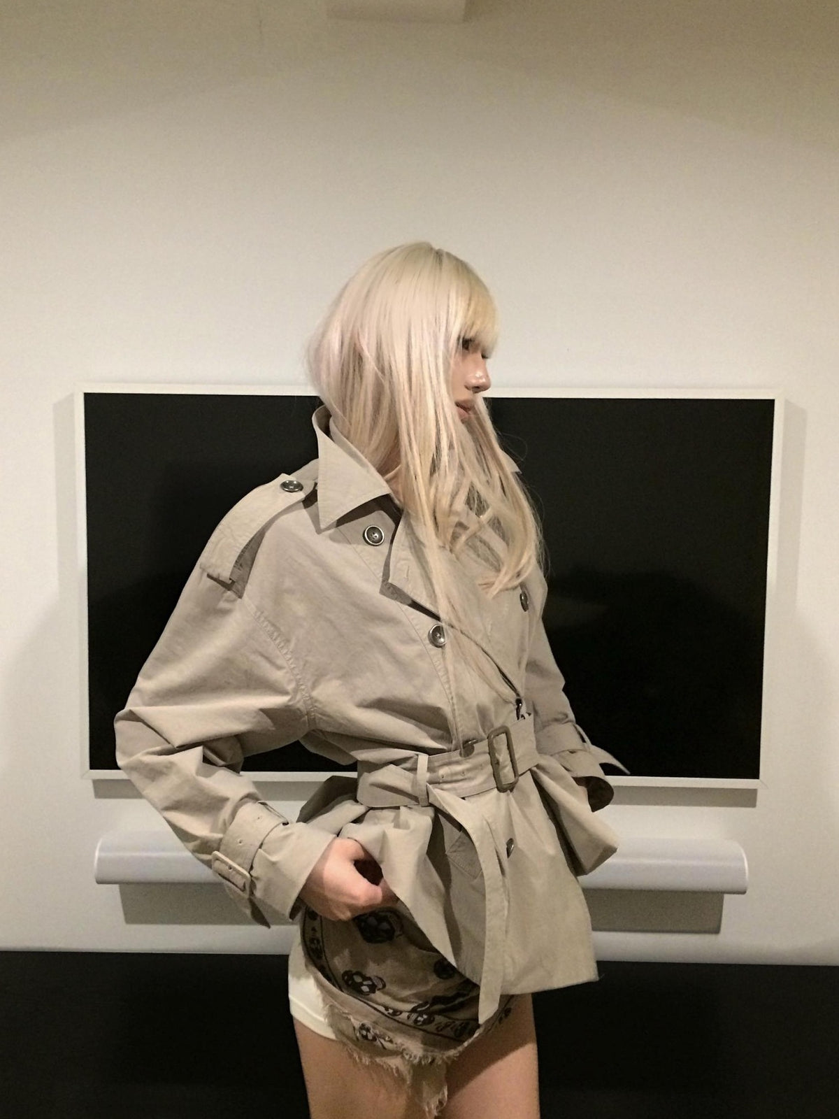 Rase le sol Gray Green Waist Cinch Short Double Breasted Cotton Women's Trench Coats