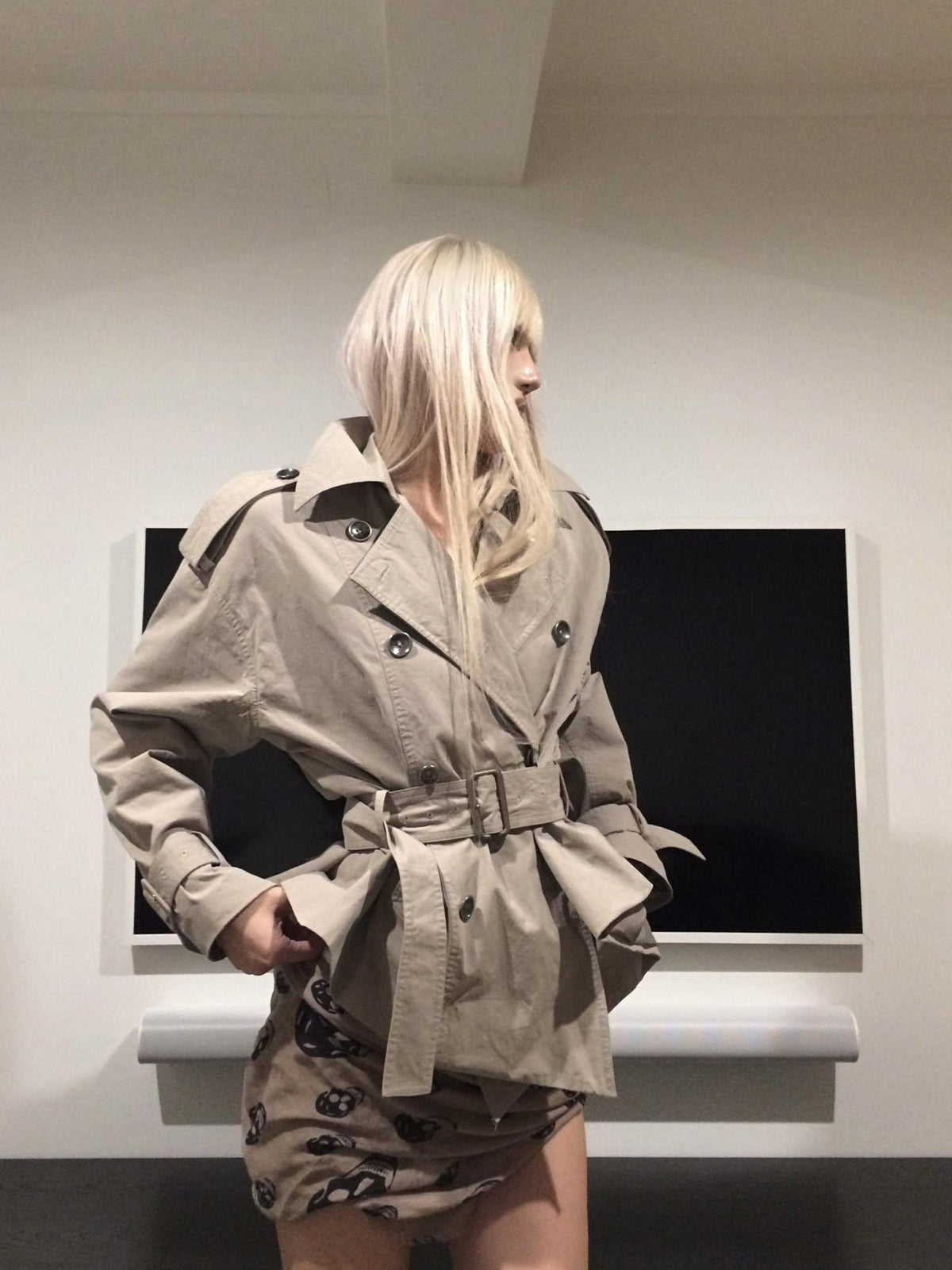 Rase le sol Gray Green Waist Cinch Short Double Breasted Cotton Women's Trench Coats