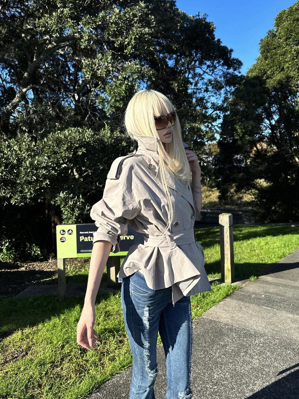 Rase le sol Gray Green Waist Cinch Short Double Breasted Cotton Women's Trench Coats