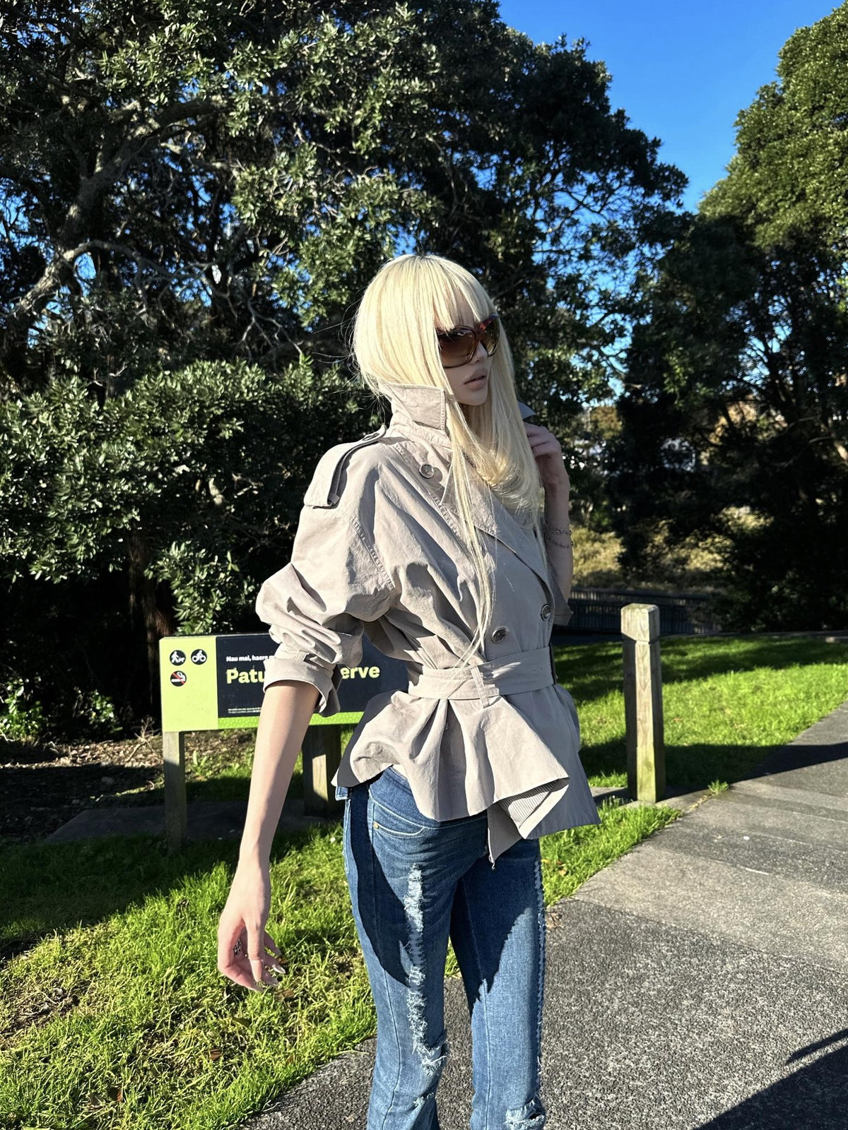 Rase le sol Gray Green Waist Cinch Short Double Breasted Cotton Women's Trench Coats