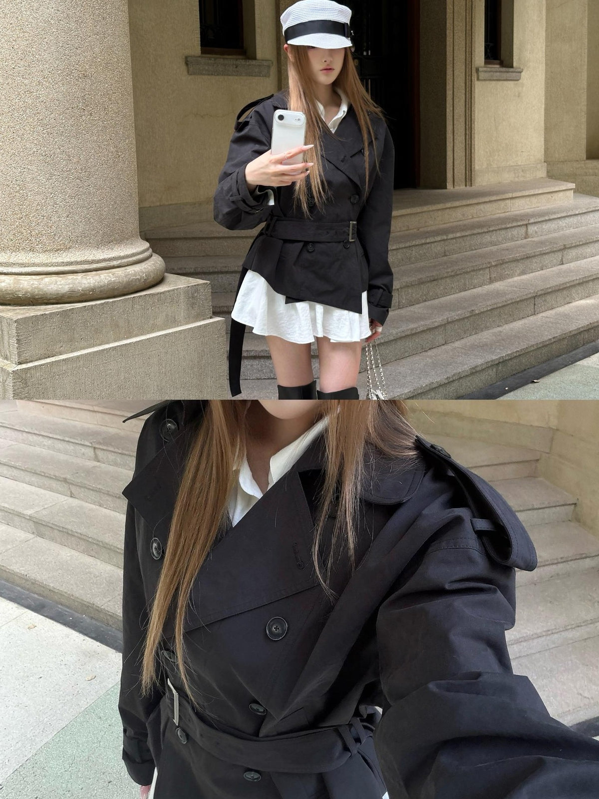 Rase le sol Gray Green Waist Cinch Short Double Breasted Cotton Women's Trench Coats