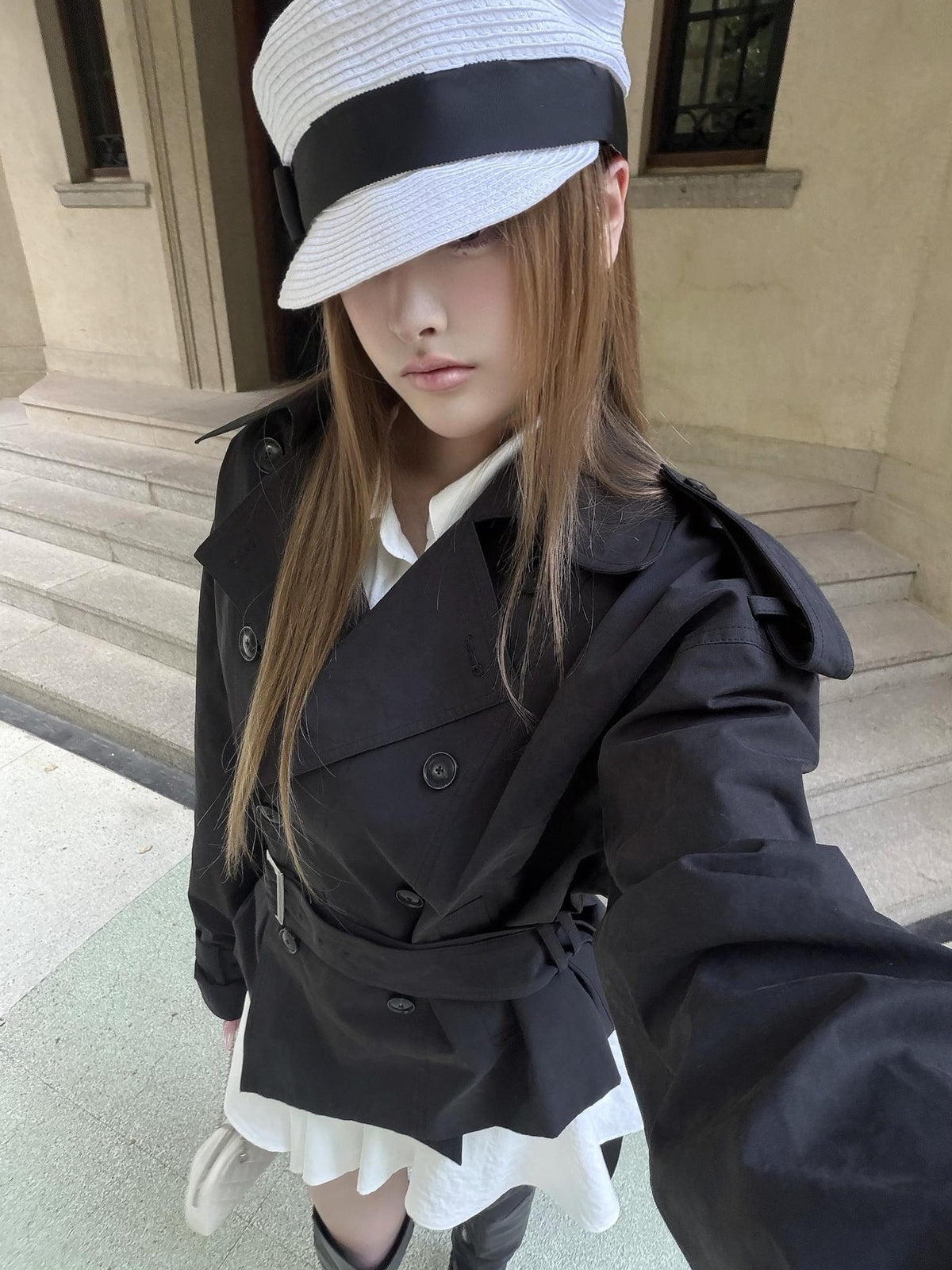 Rase le sol Gray Green Waist Cinch Short Double Breasted Cotton Women's Trench Coats