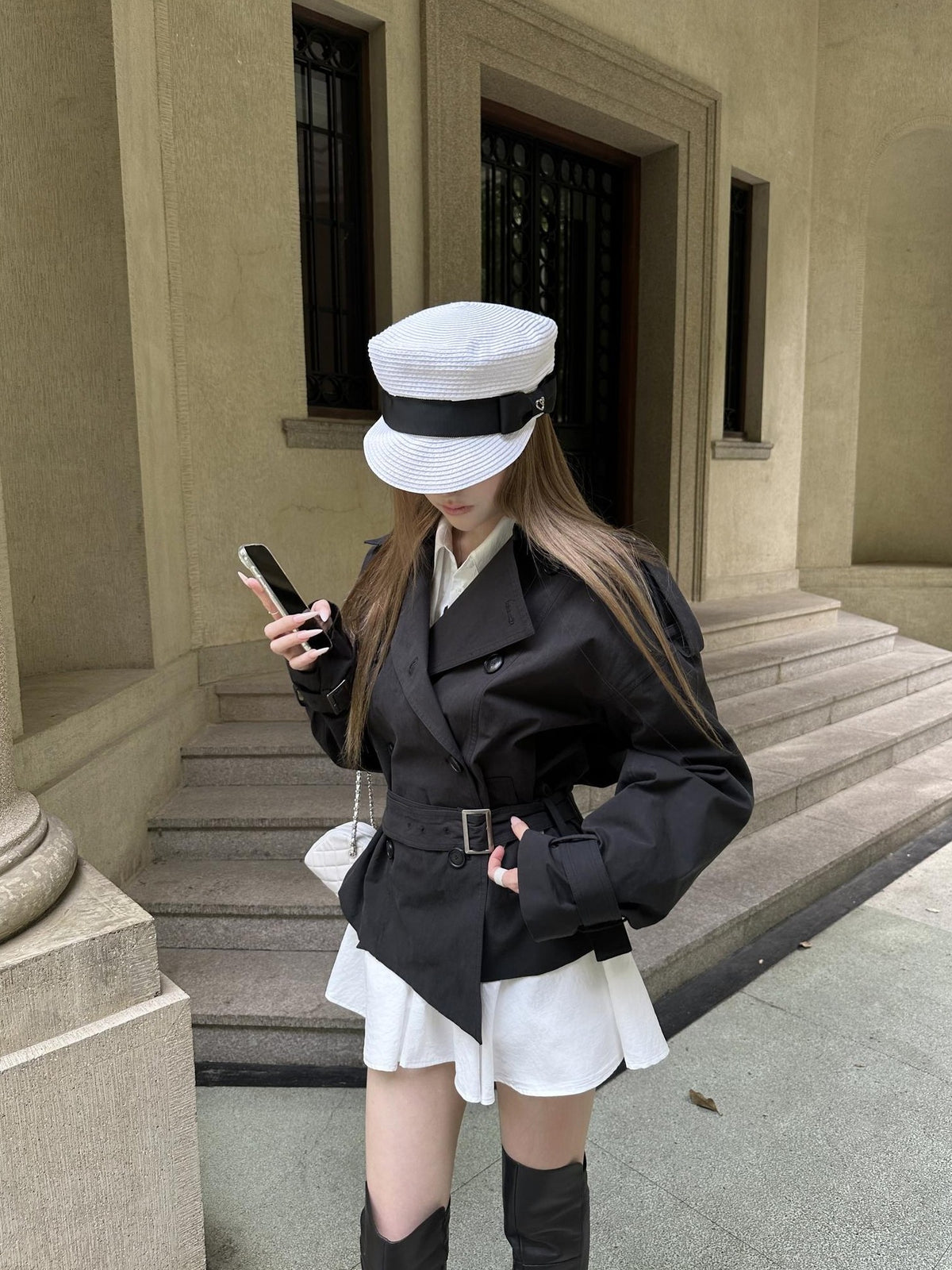 Rase le sol Gray Green Waist Cinch Short Double Breasted Cotton Women's Trench Coats