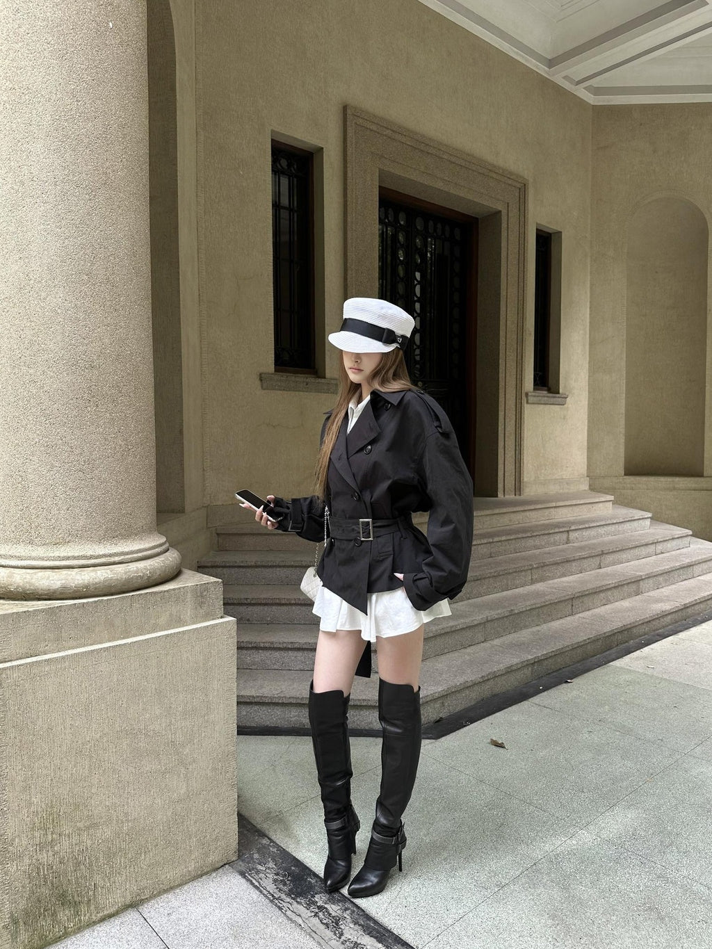 Rase le sol Gray Green Waist Cinch Short Double Breasted Cotton Women's Trench Coats