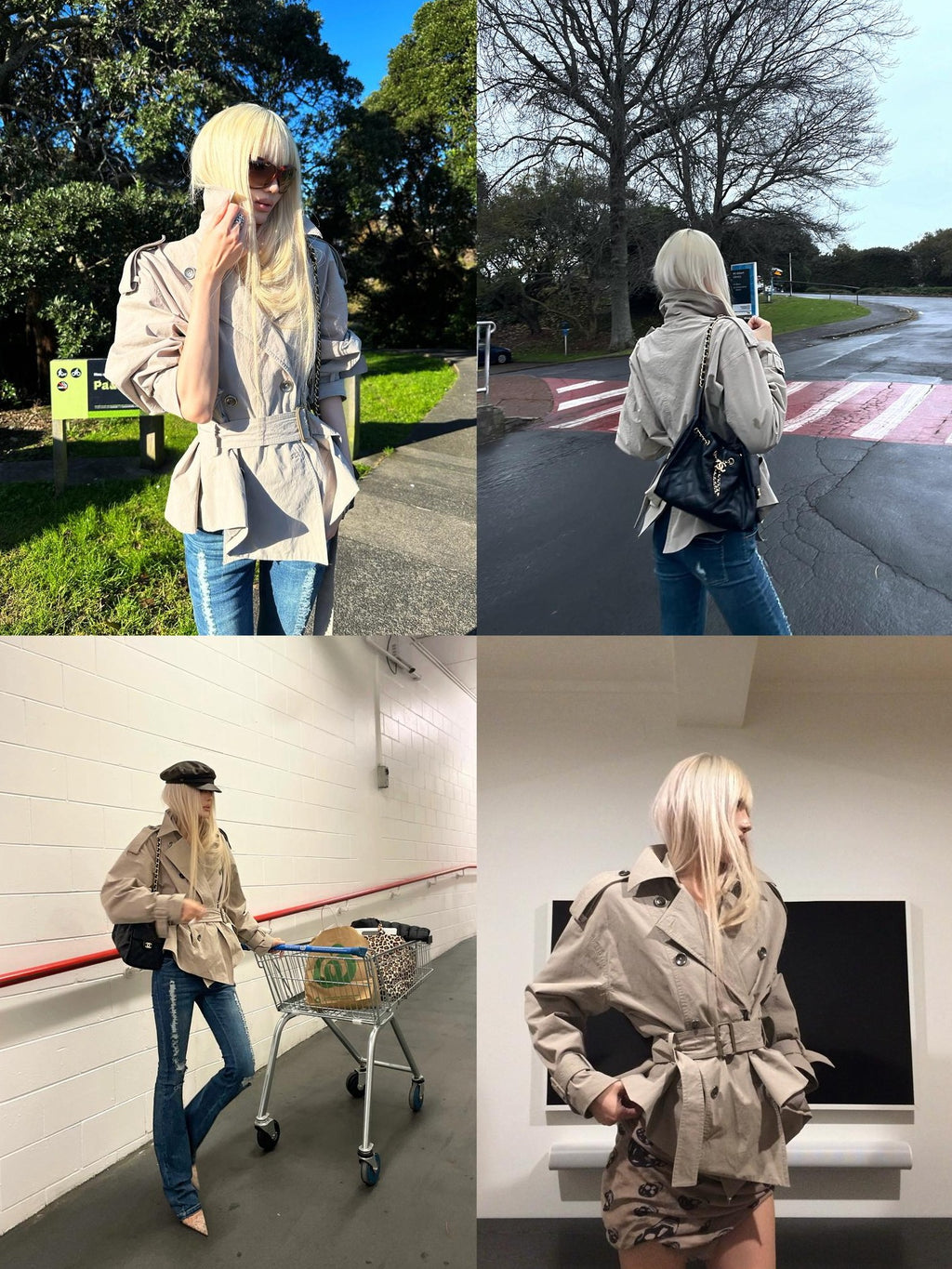 Rase le sol Gray Green Waist Cinch Short Double Breasted Cotton Women's Trench Coats