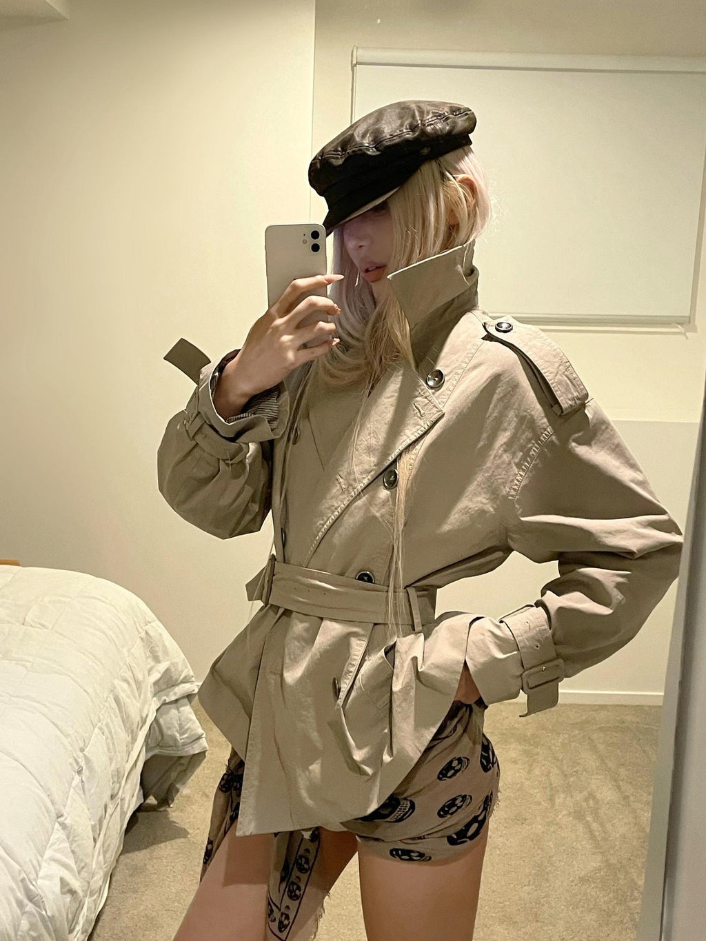 Rase le sol Gray Green Waist Cinch Short Double Breasted Cotton Women's Trench Coats