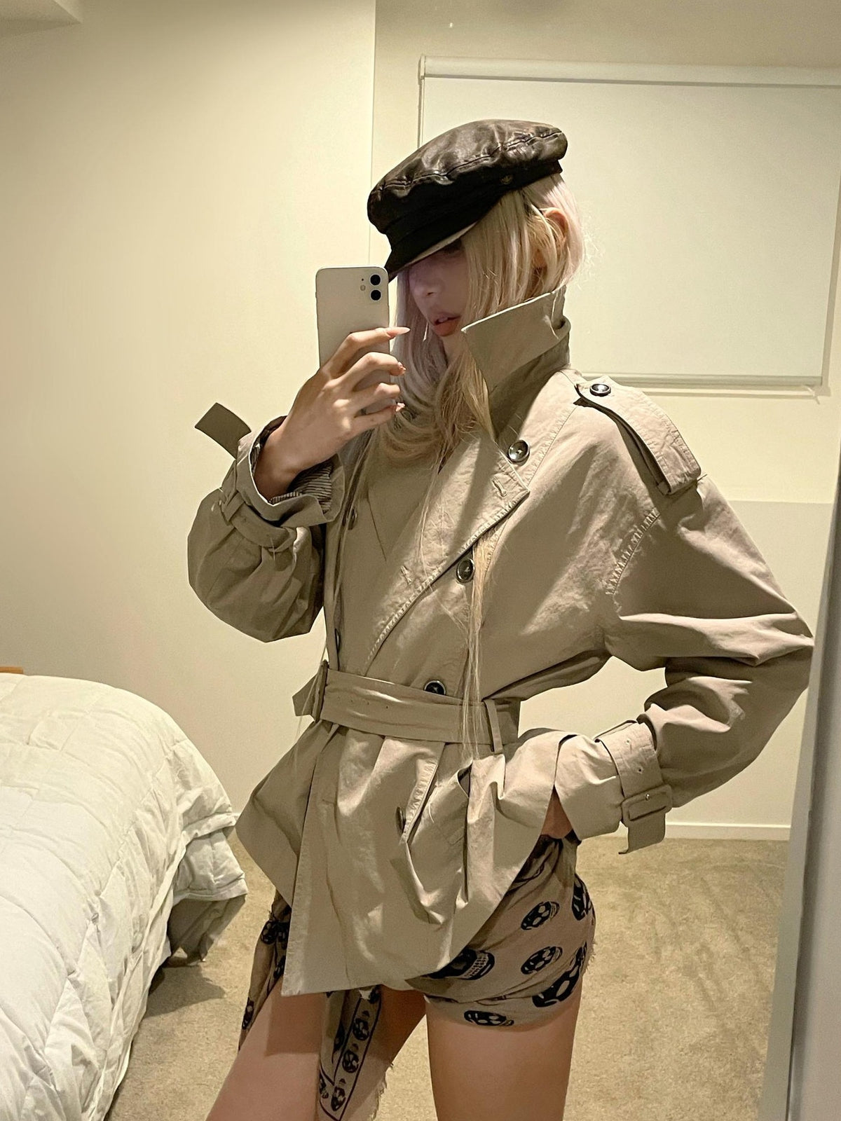 Rase le sol Gray Green Waist Cinch Short Double Breasted Cotton Women's Trench Coats