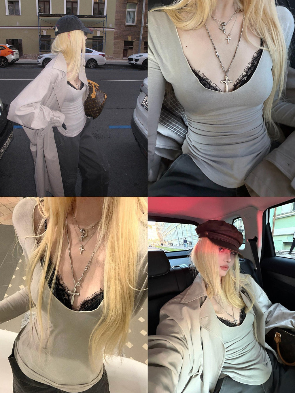 Rase le sol Gray Lace Cami Layered Two Piece Women's Long Sleeve T-shirts