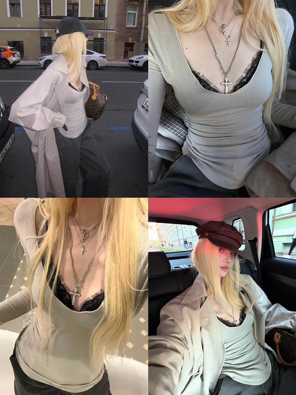 Rase le sol Gray Lace Cami Layered Two Piece Women's Long Sleeve T-shirts
