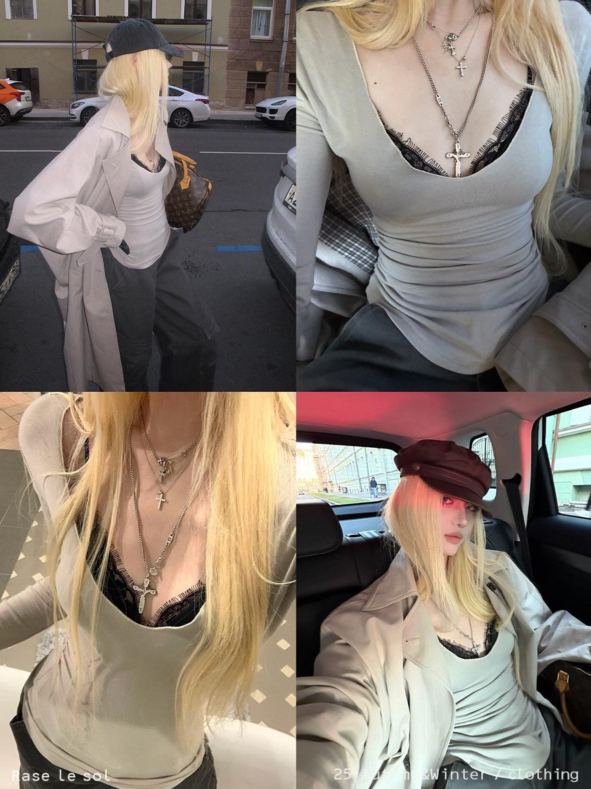 Rase le sol Gray Lace Cami Layered Two Piece Women's Long Sleeve T-shirts