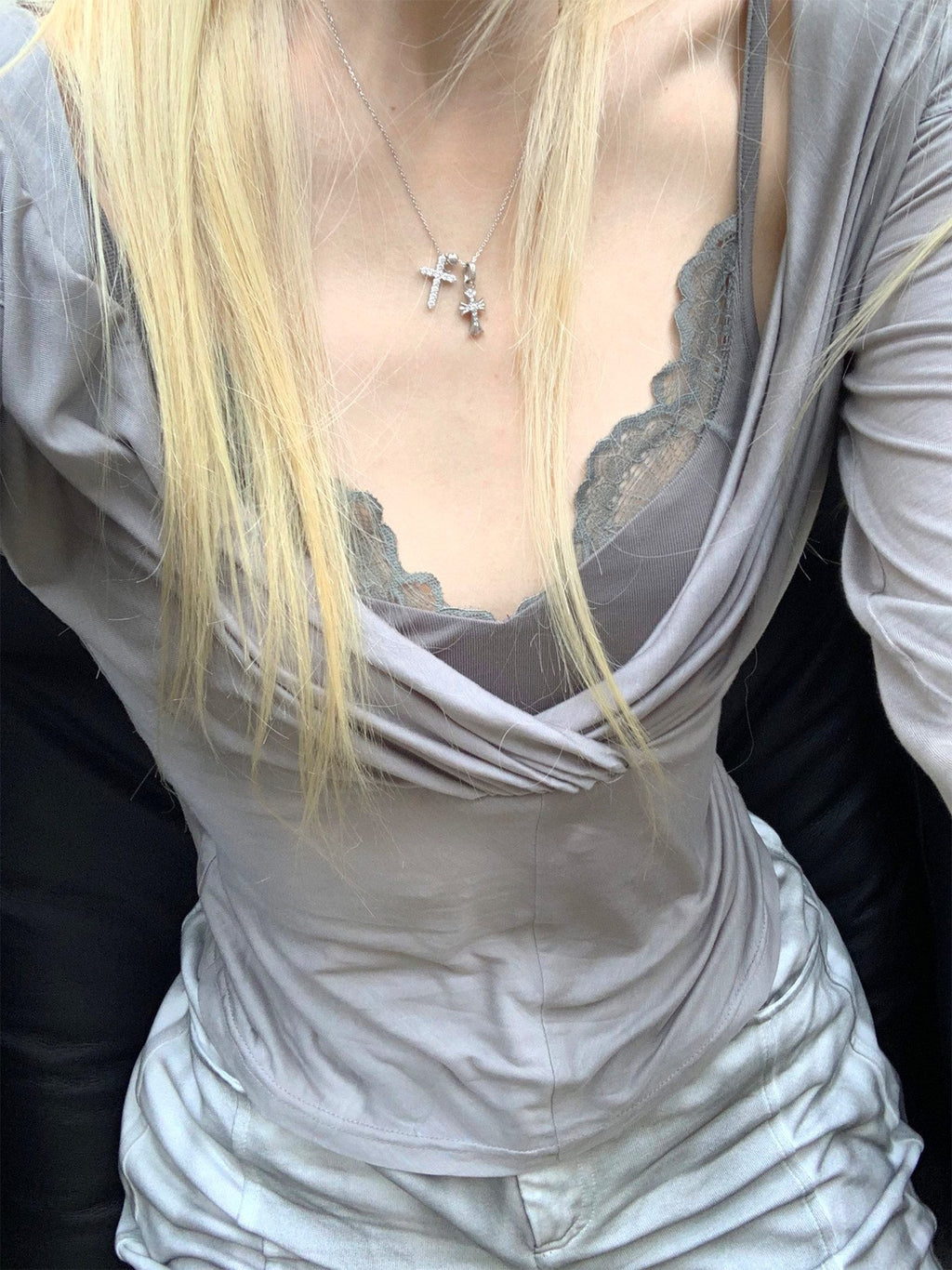 Rase_le_sol_Gray_Lace_Camisole_Two_Piece_Cover_Up_Sun_Protective_Women's_Long_Sleeve_T-shirts_934989706434_MISSTT