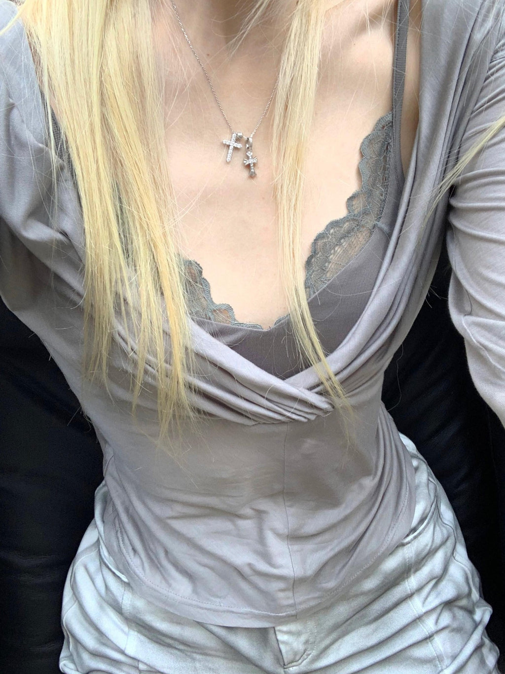 Rase le sol Gray Lace Camisole Two Piece Cover Up Sun Protective Women's Long Sleeve T-shirts
