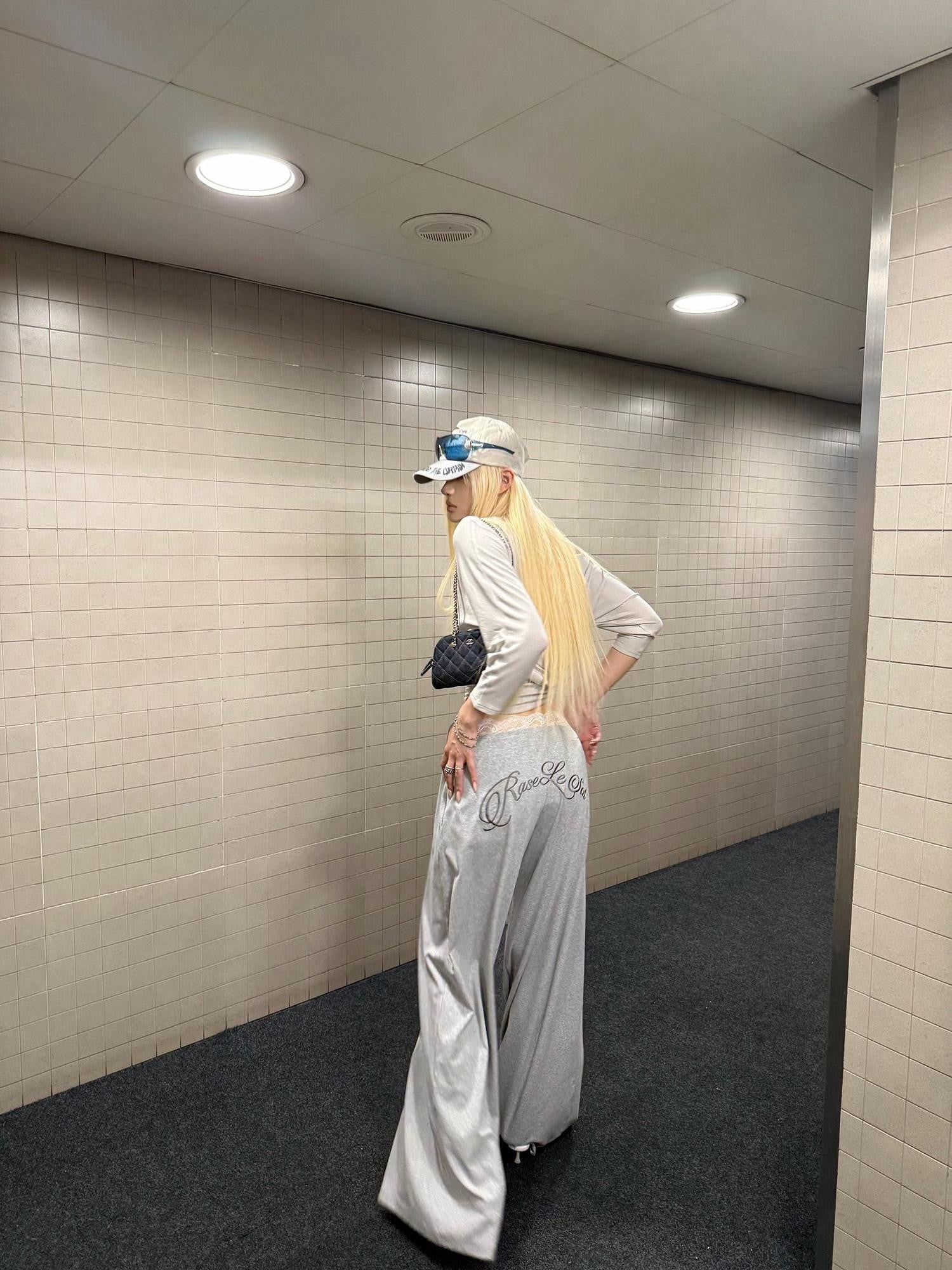 Rase le sol Gray Lace Waistband Low Waist Loose Wide Leg Women's Sweatpants