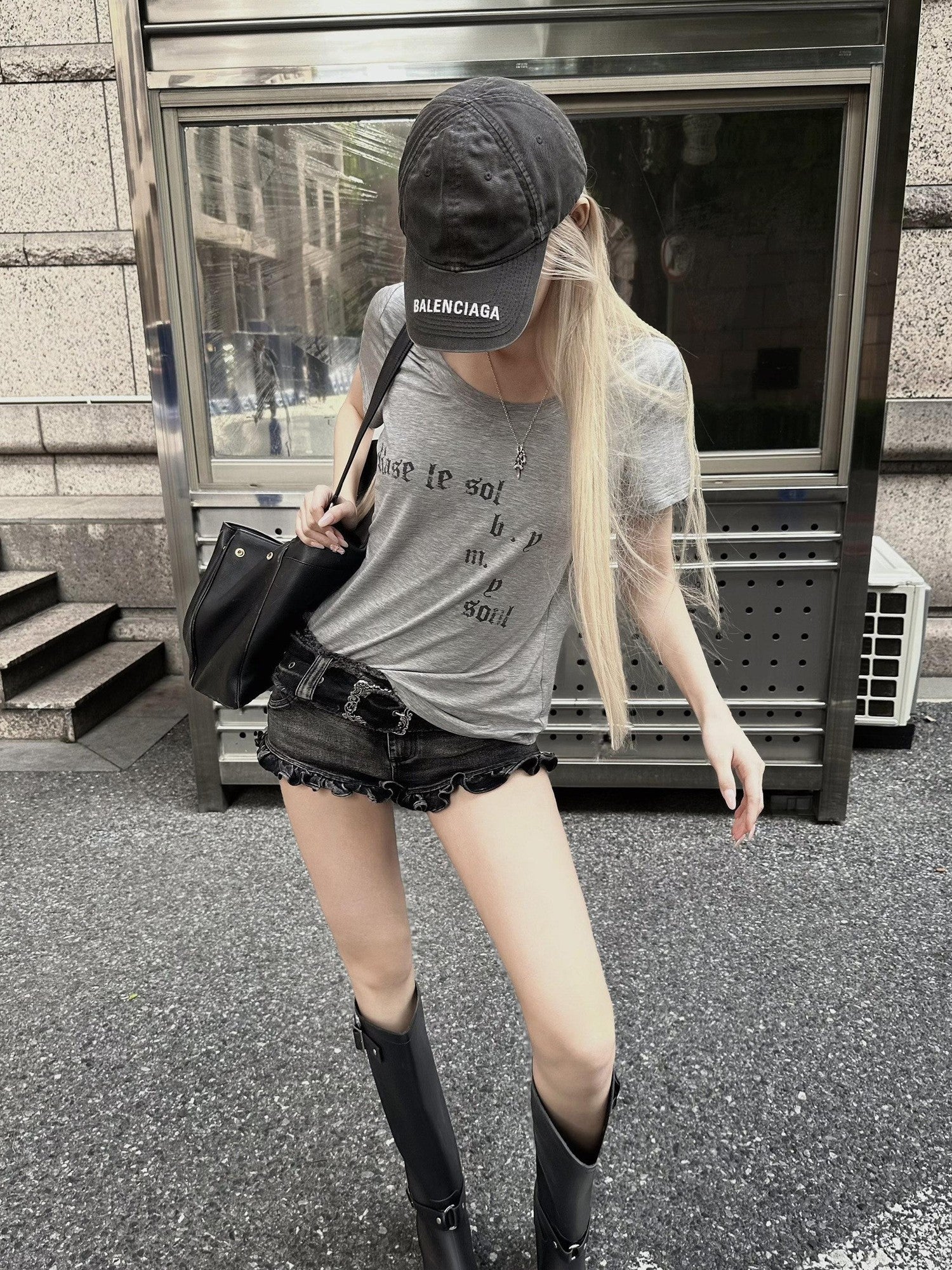 Rase le sol Gray Letter Print Women's Regular Shoulder Short Sleeve T-shirts