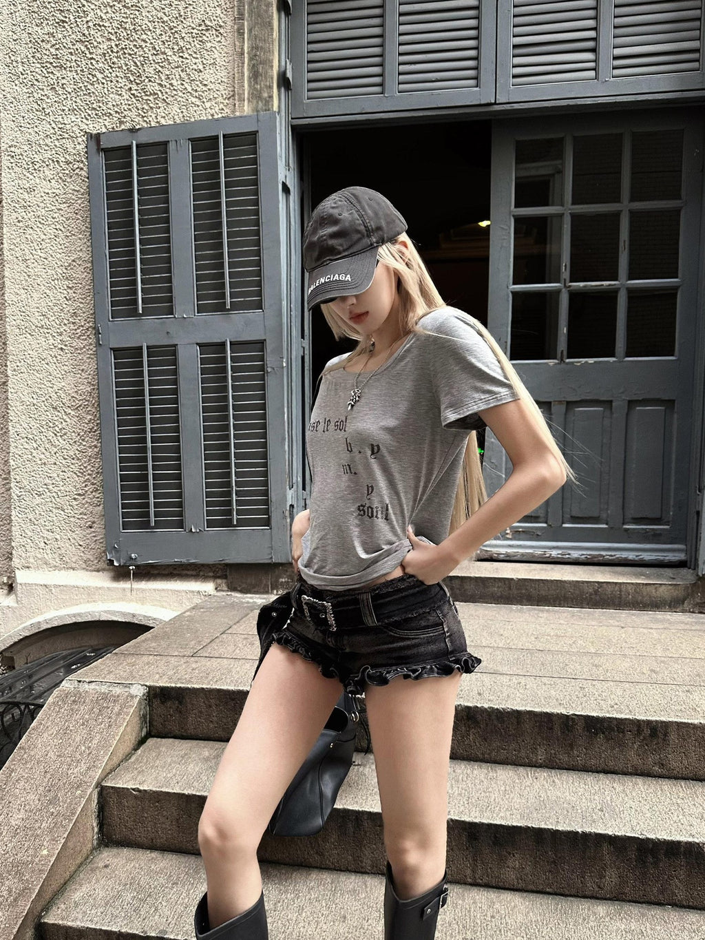Rase le sol Gray Letter Print Women's Regular Shoulder Short Sleeve T-shirts