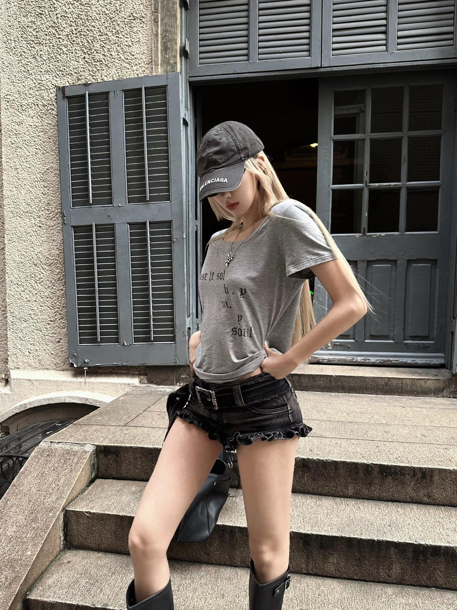 Rase le sol Gray Letter Print Women's Regular Shoulder Short Sleeve T-shirts