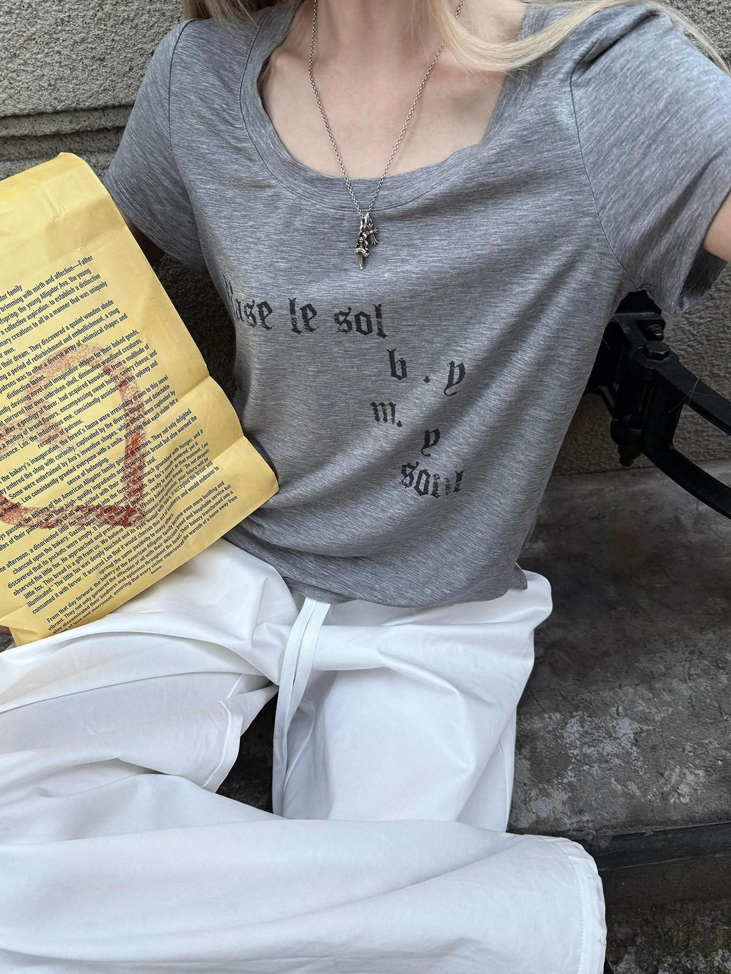 Rase le sol Gray Letter Print Women's Regular Shoulder Short Sleeve T-shirts
