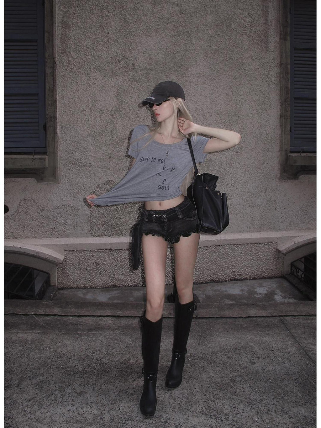 Rase le sol Gray Letter Print Women's Regular Shoulder Short Sleeve T-shirts