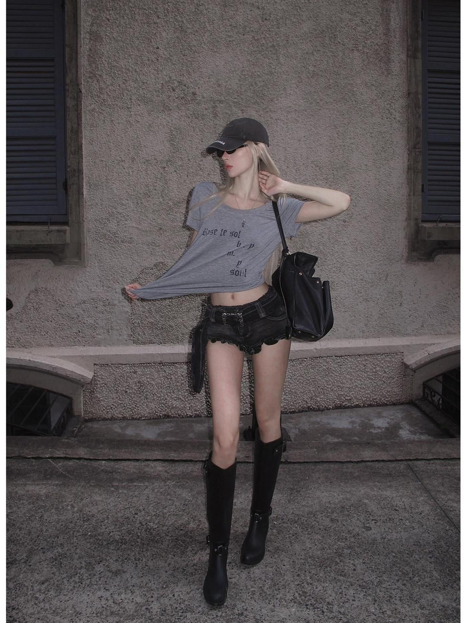 Rase le sol Gray Letter Print Women's Regular Shoulder Short Sleeve T-shirts